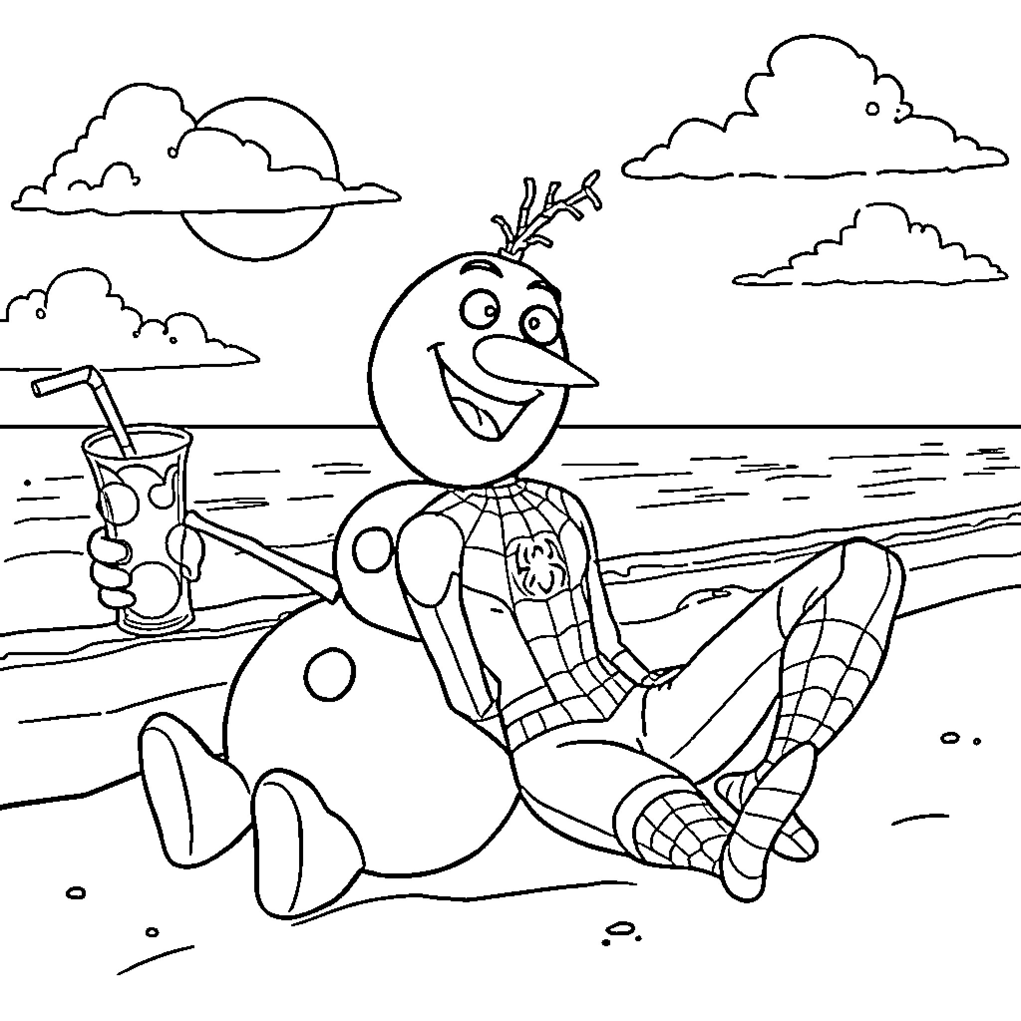 Snowman enjoying a refreshing drink at the beach Coloring Page (free black-and-white line drawing printable PDF for all, from beginners to advanced learners, including children, teens, adults, and seniors)