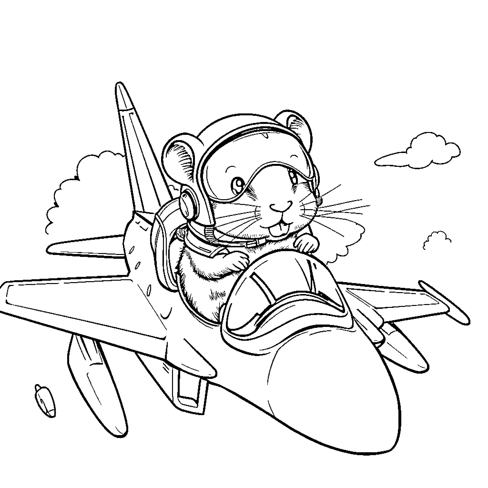 Hamster Pilot Flying a Jet Plane Coloring Page (free black-and-white line drawing printable PDF for all, from beginners to advanced learners, including children, teens, adults, and seniors)