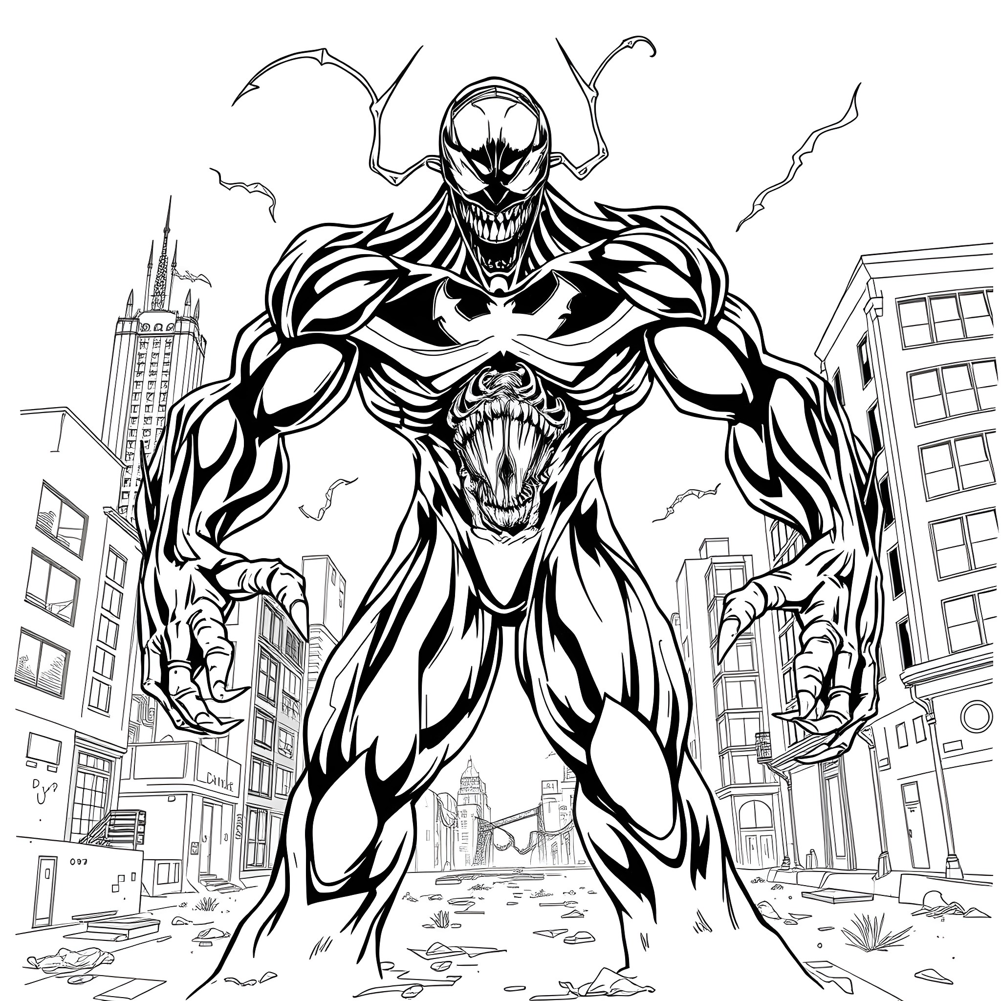 Bizarnage of the Horrific Mutant Villain Coloring Page (free black-and-white line drawing printable PDF for all, from beginners to advanced learners, including children, teens, adults, and seniors)