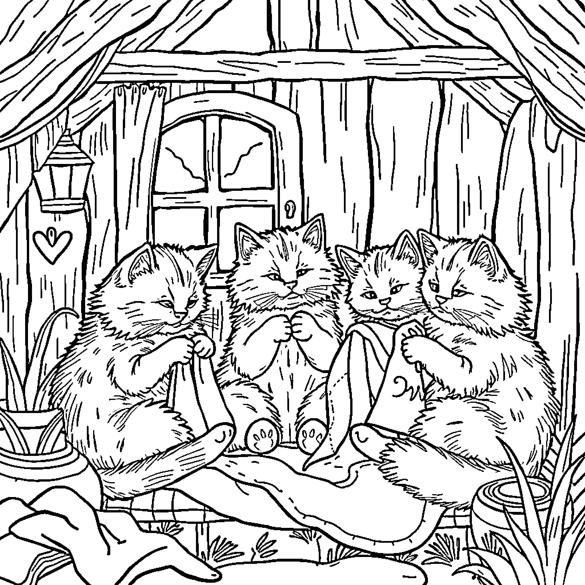 Cat cozy kittens in winter cottage scene Coloring Page (free black-and-white line drawing printable PDF for all, from beginners to advanced learners, including children, teens, adults, and seniors)