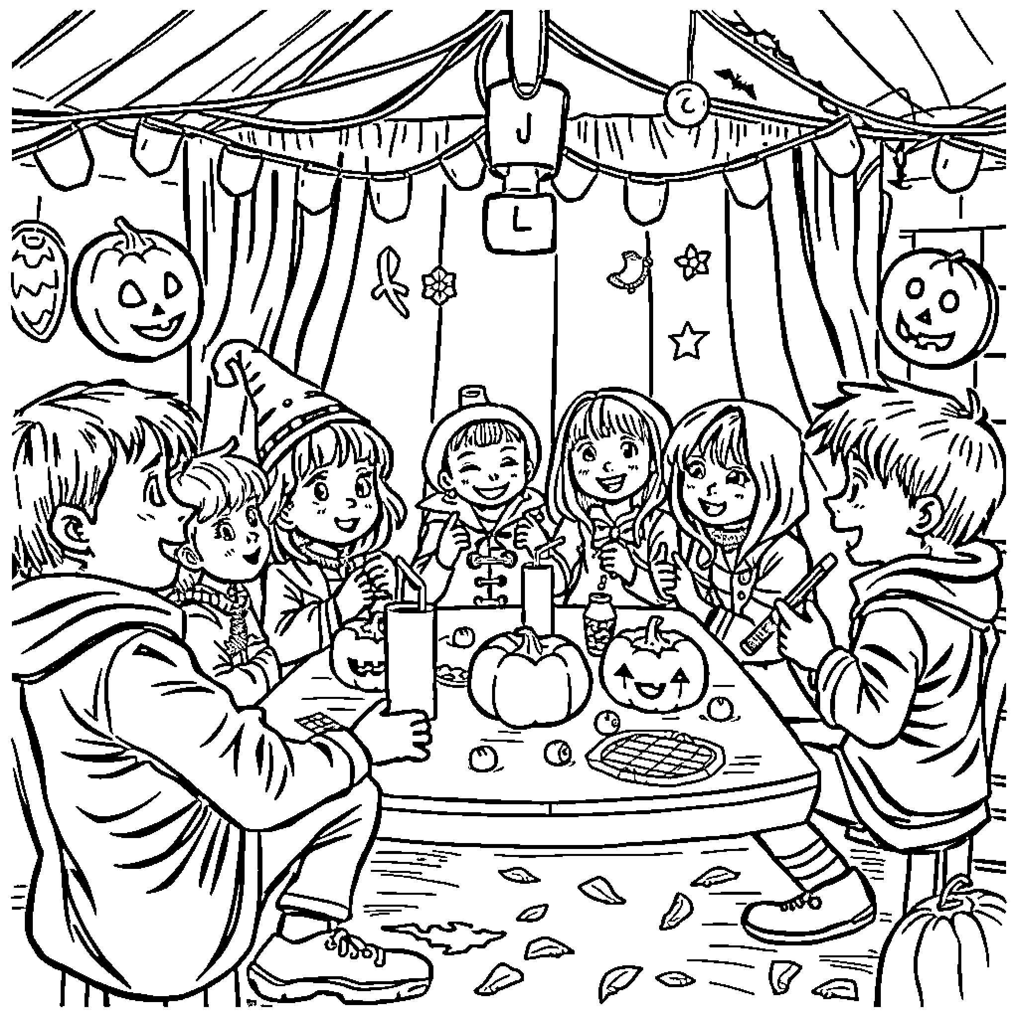 Halloween Party with Costumed Children Celebrating Coloring Page (free black-and-white line drawing printable PDF for all, from beginners to advanced learners, including children, teens, adults, and seniors)