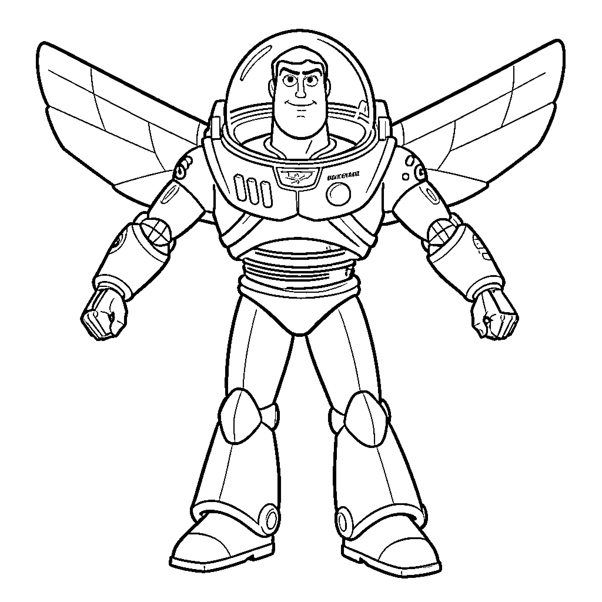 Buzz Lightyear standing heroically in space ranger suit Coloring Page (free black-and-white line drawing printable PDF for all, from beginners to advanced learners, including children, teens, adults, and seniors)