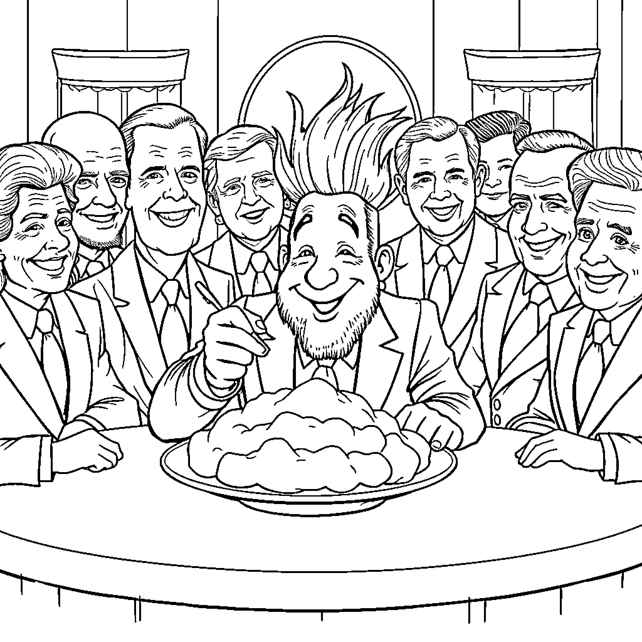 Carrot community gathering with cheerful expressions Coloring Page (free black-and-white line drawing printable PDF for all, from beginners to advanced learners, including children, teens, adults, and seniors)