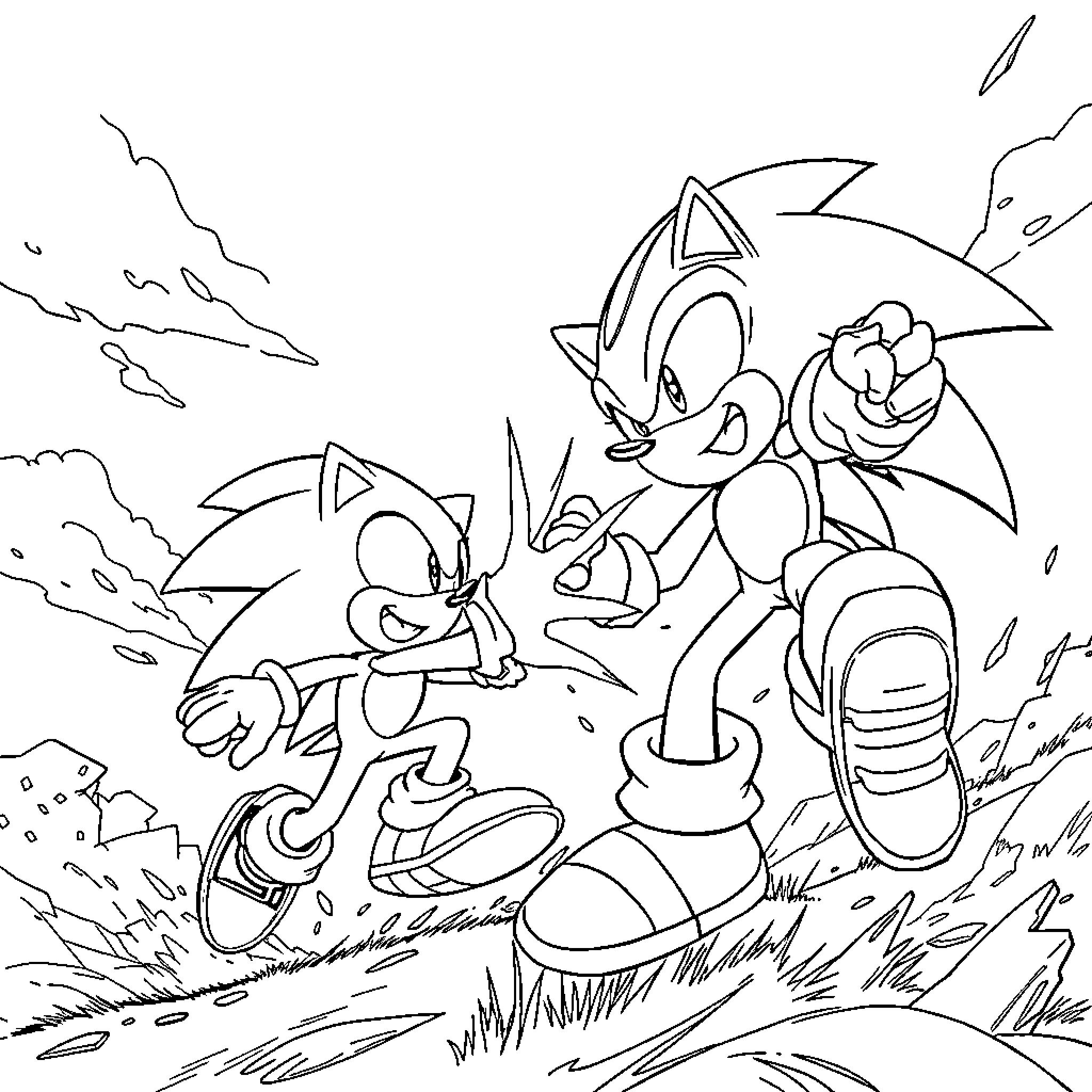 Sonic characters in an action-packed scene Coloring Page (free black-and-white line drawing printable PDF for all, from beginners to advanced learners, including children, teens, adults, and seniors)
