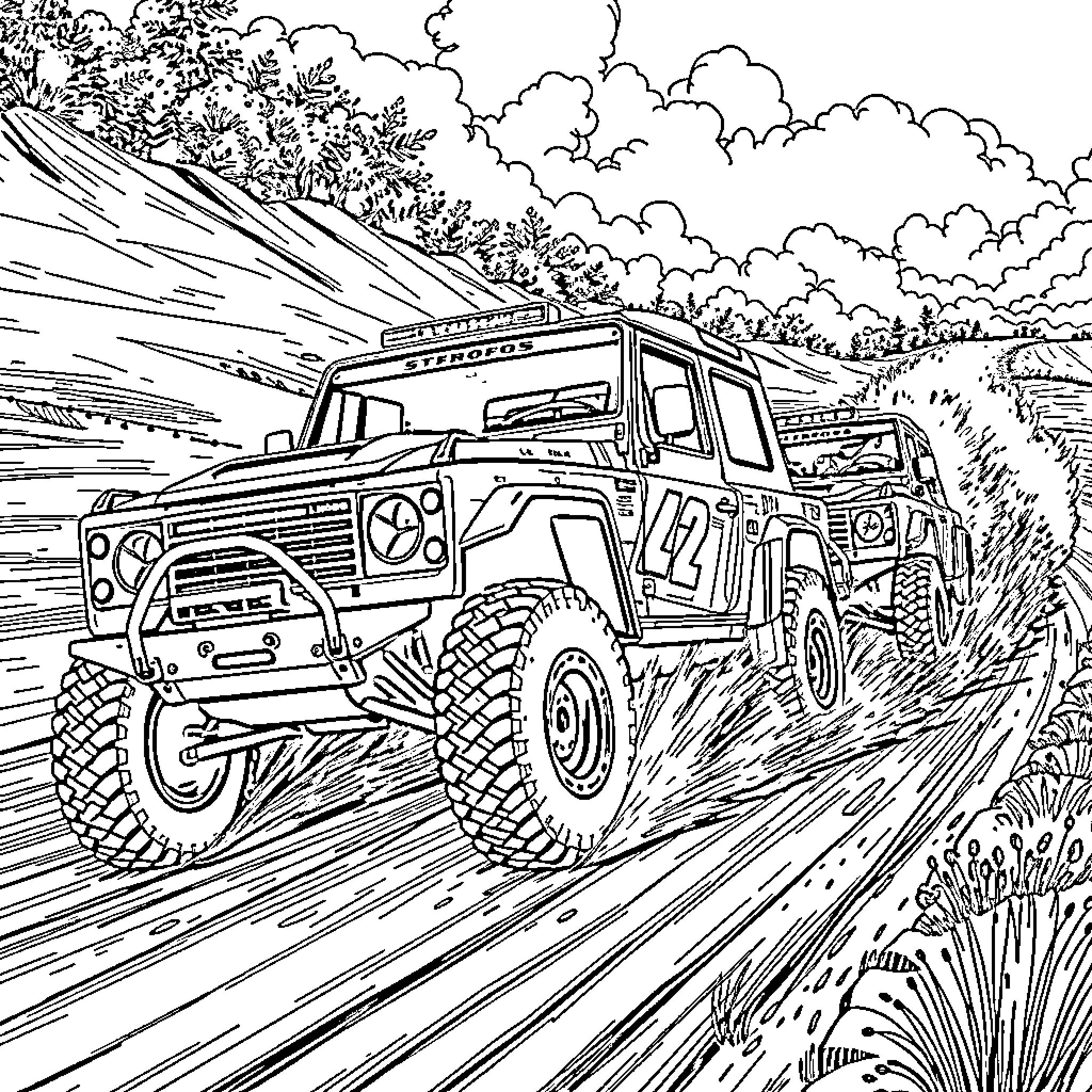 Rally Racing Off-Road Adventure Coloring Page (free black-and-white line drawing printable PDF for all, from beginners to advanced learners, including children, teens, adults, and seniors)