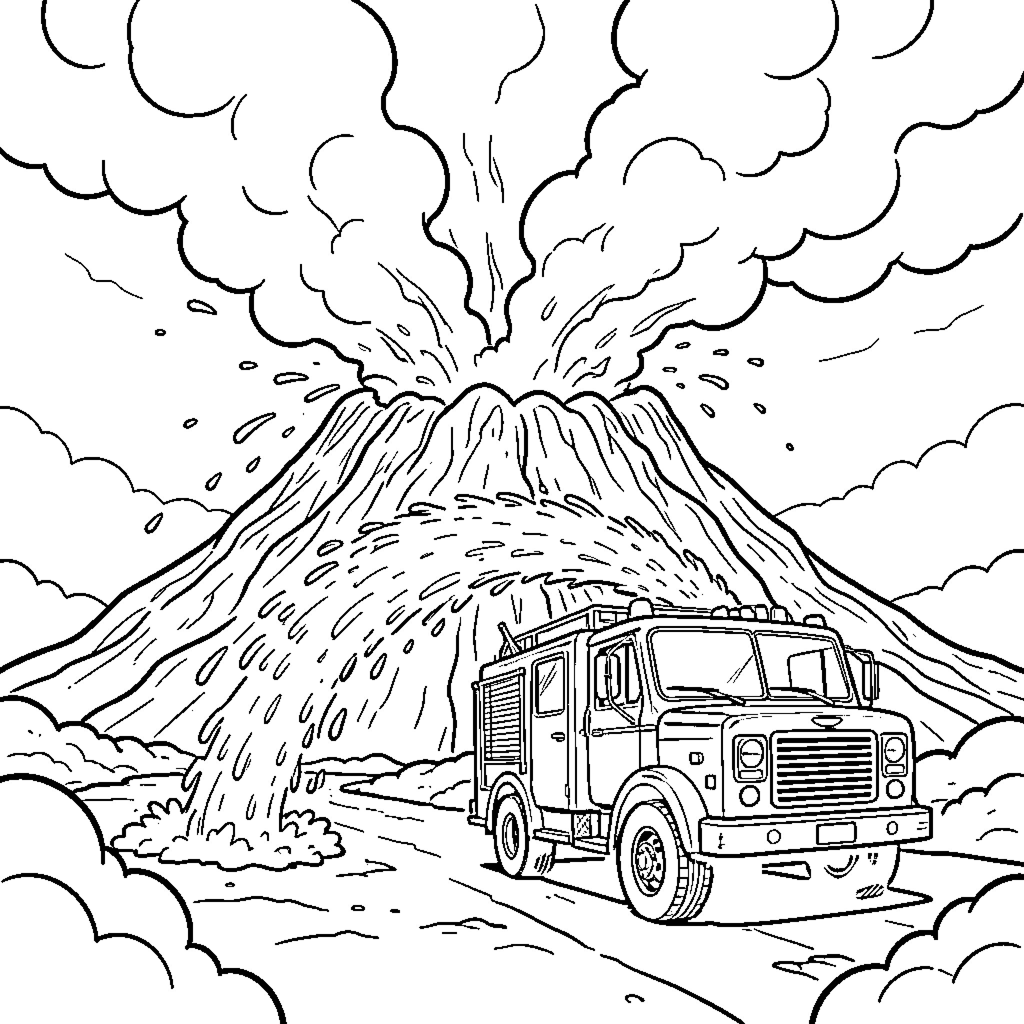 Firetruck battling volcanic eruption Coloring Page (free black-and-white line drawing printable PDF for all, from beginners to advanced learners, including children, teens, adults, and seniors)