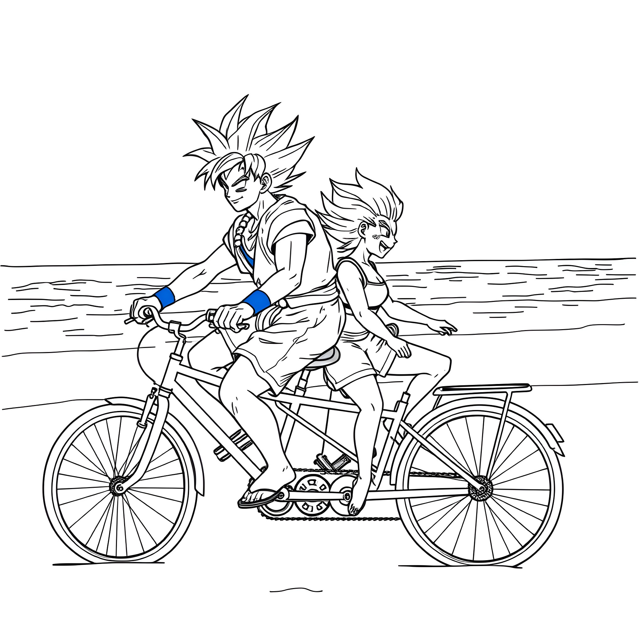 Goku riding a tandem bicycle with Vegeta Coloring Page (free black-and-white line drawing printable PDF for all, from beginners to advanced learners, including children, teens, adults, and seniors)