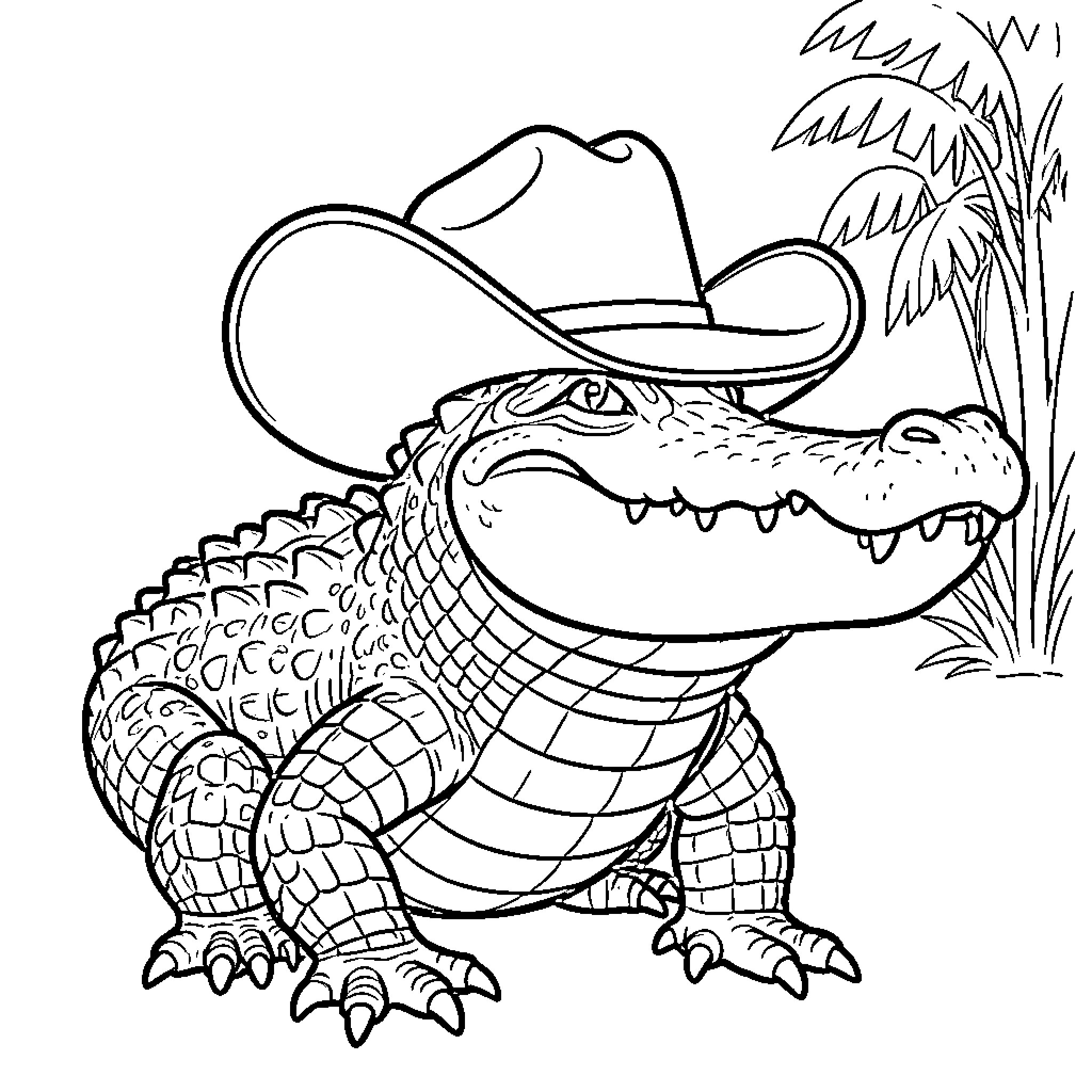 Crocodile wearing a cowboy hat in a tropical setting Coloring Page (free black-and-white line drawing printable PDF for all, from beginners to advanced learners, including children, teens, adults, and seniors)