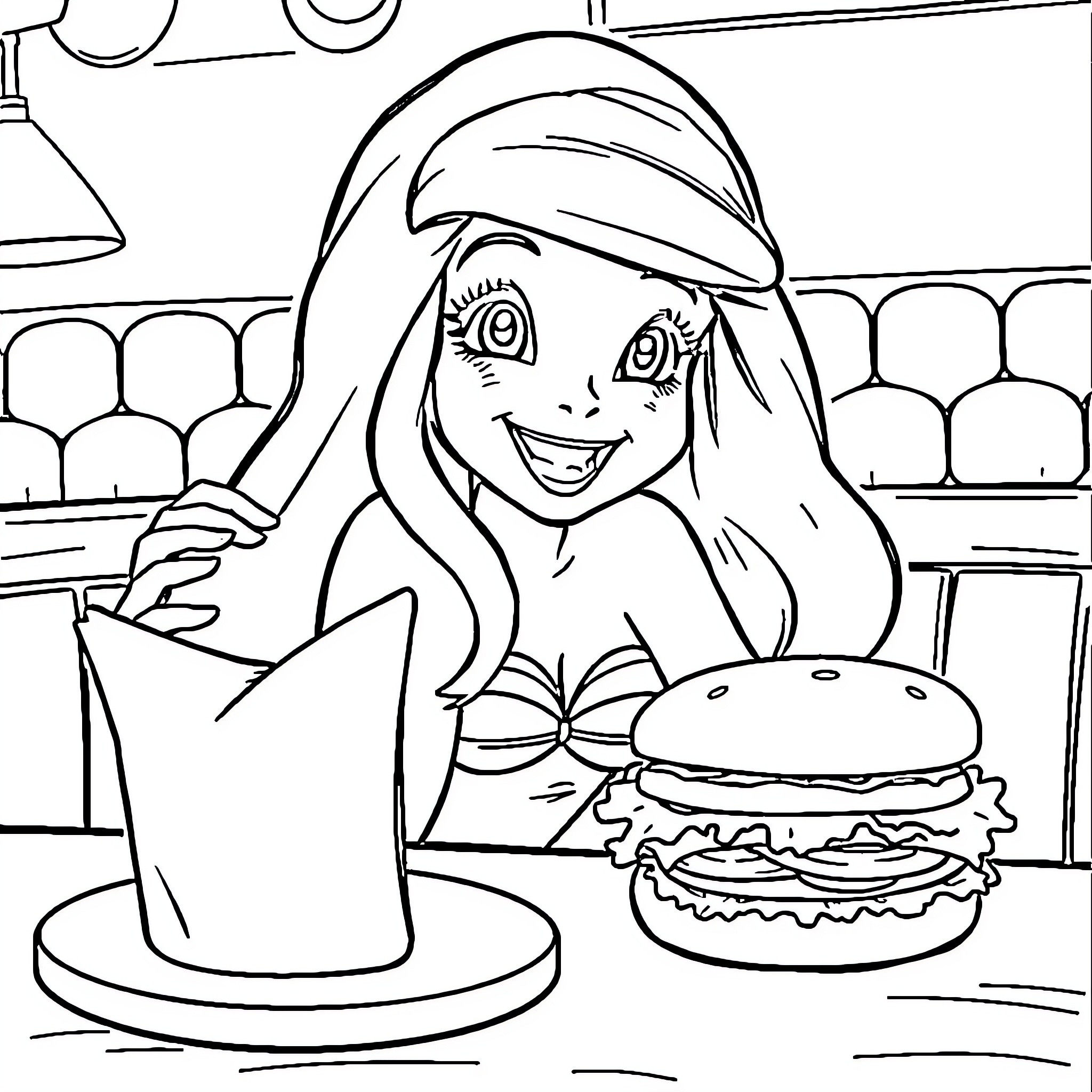 Ariel cooking a delicious burger in the kitchen Coloring Page (free black-and-white line drawing printable PDF for all, from beginners to advanced learners, including children, teens, adults, and seniors)