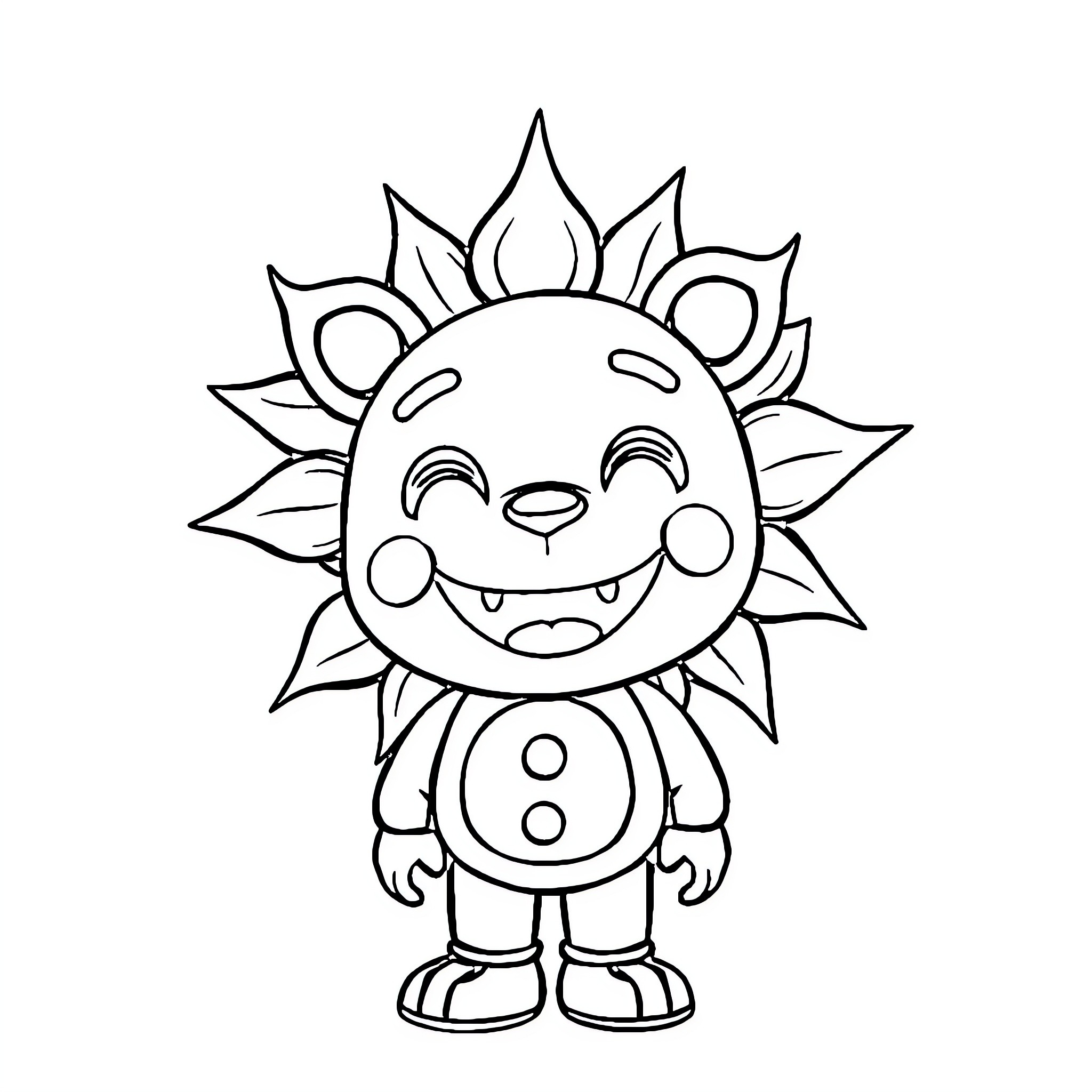 Sun character with a happy expression Coloring Page (free black-and-white line drawing printable PDF for all, from beginners to advanced learners, including children, teens, adults, and seniors)