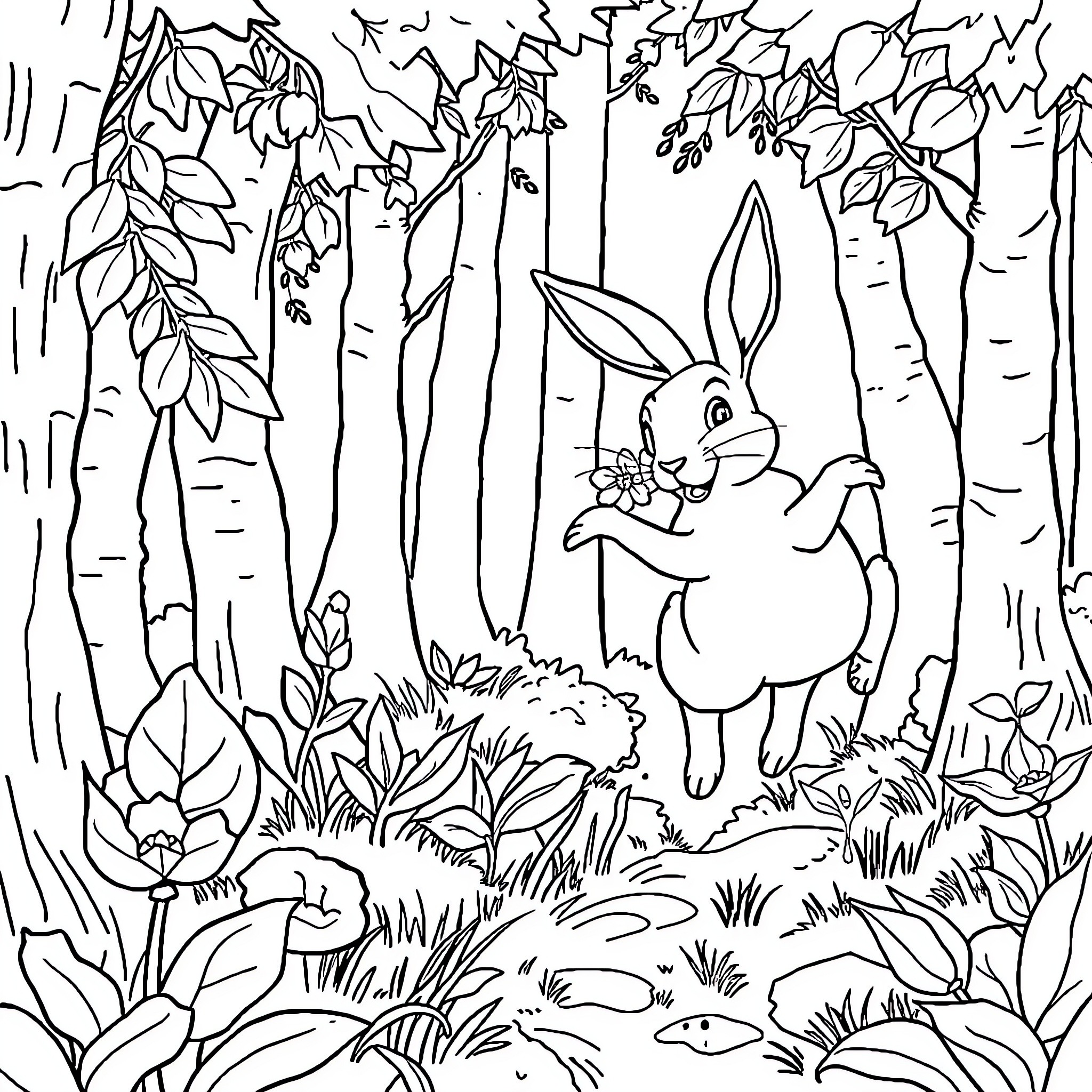 Rabbit in a Whimsical Forest Landscape Coloring Page (free black-and-white line drawing printable PDF for all, from beginners to advanced learners, including children, teens, adults, and seniors)
