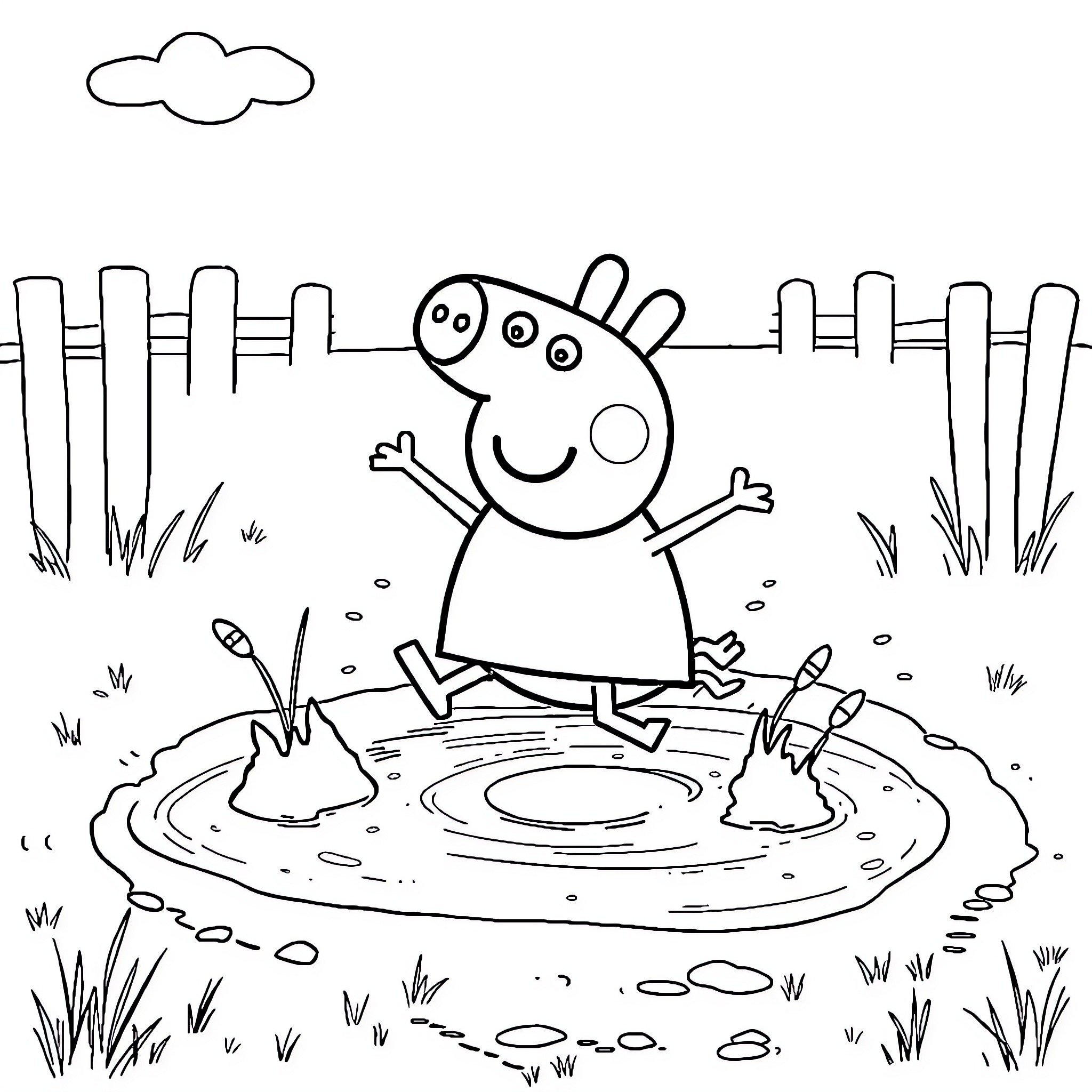 Peppa Pig splashing happily in puddles Coloring Page (free black-and-white line drawing printable PDF for all, from beginners to advanced learners, including children, teens, adults, and seniors)