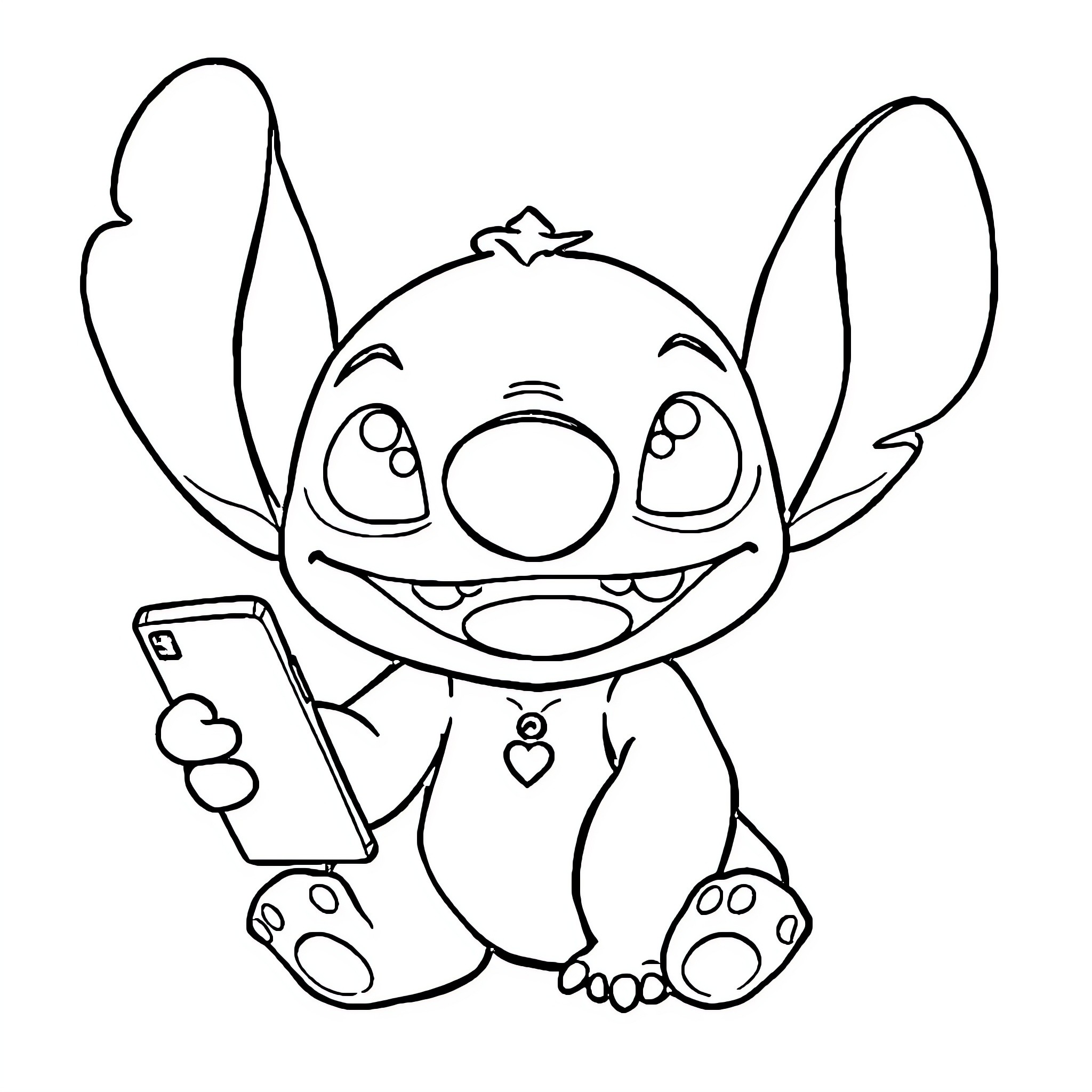Stitch taking a selfie with a smartphone Coloring Page (free black-and-white line drawing printable PDF for all, from beginners to advanced learners, including children, teens, adults, and seniors)