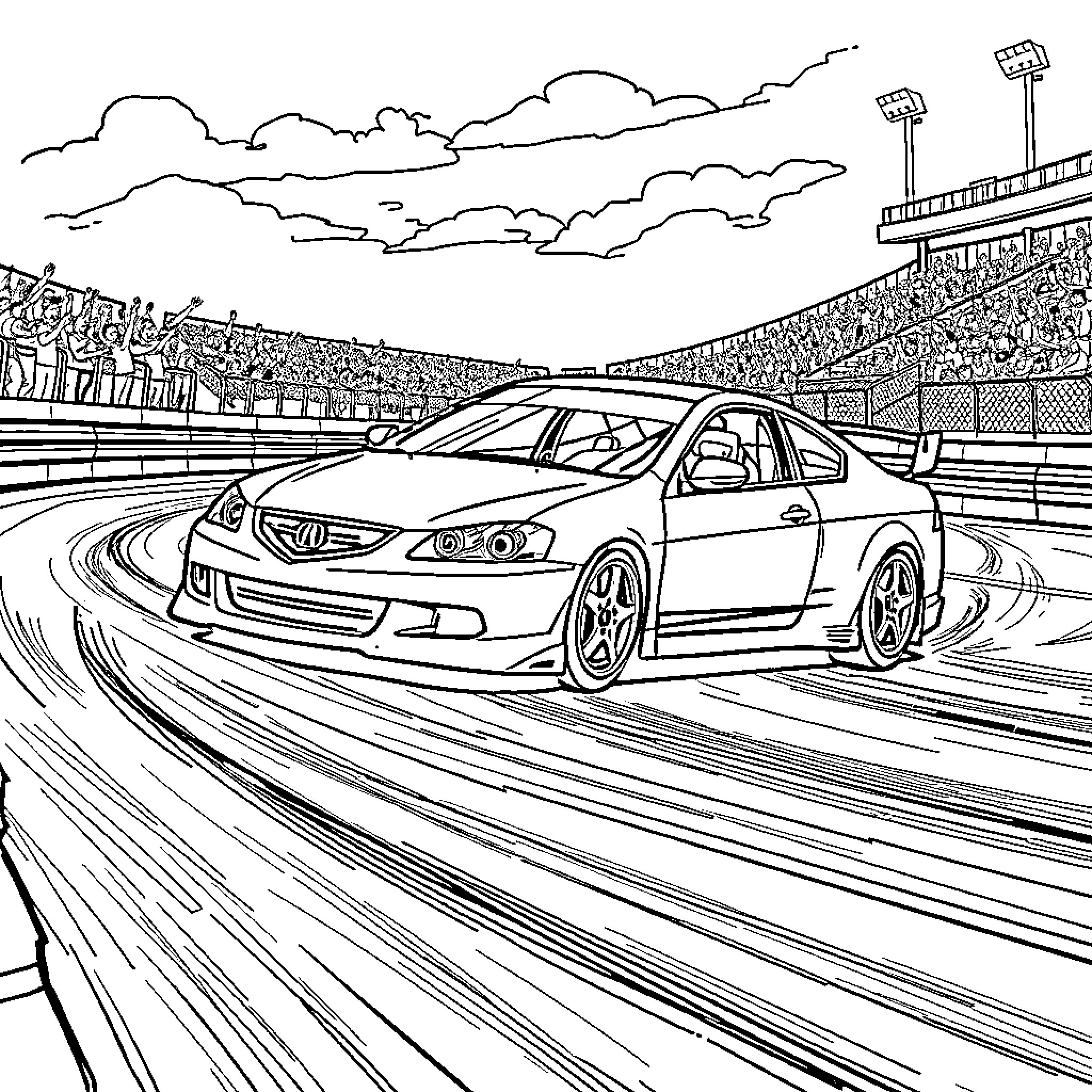 Acura TSX racing on a track with spectators Coloring Page (free black-and-white line drawing printable PDF for all, from beginners to advanced learners, including children, teens, adults, and seniors)