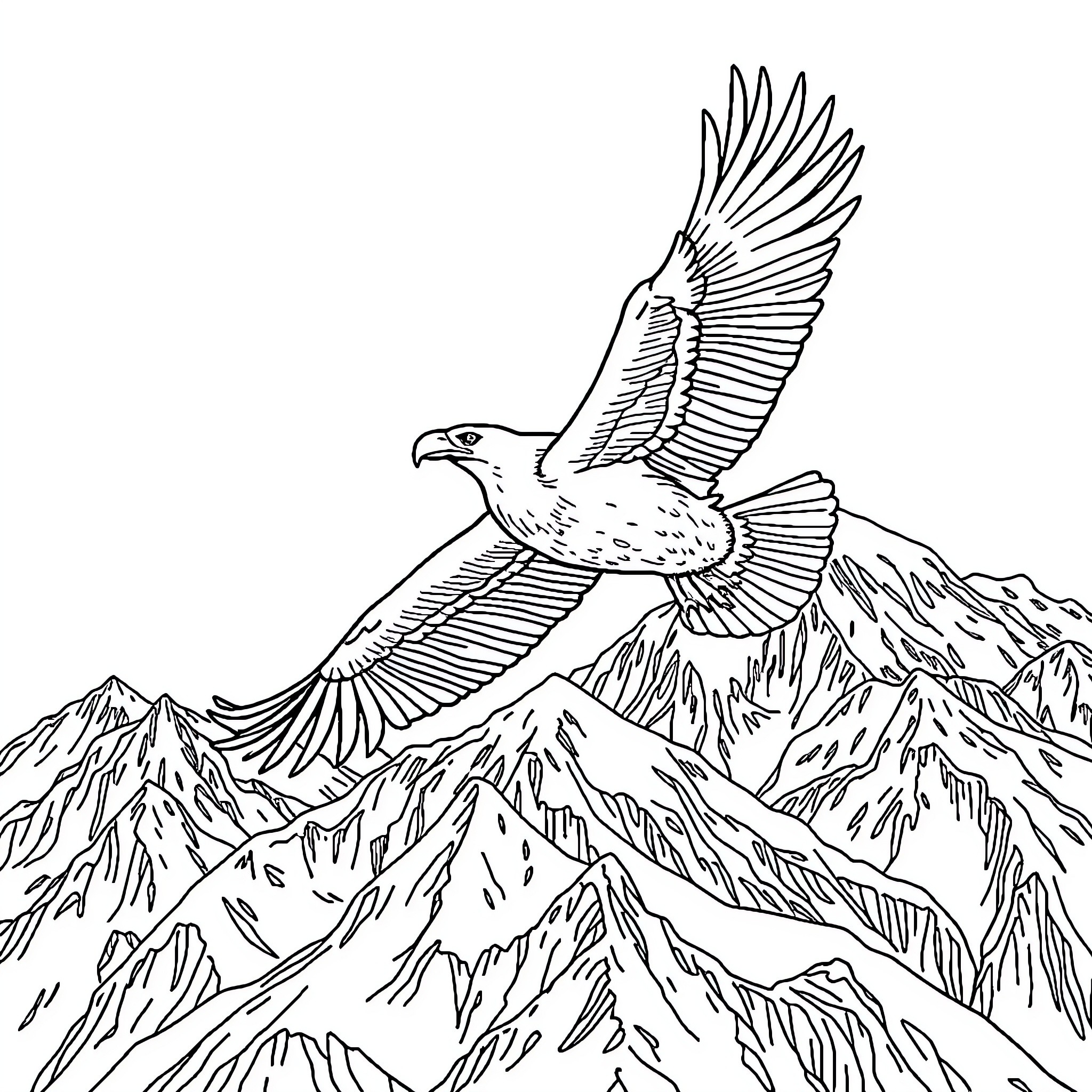 Eagle soaring majestically over rugged mountains Coloring Page (free black-and-white line drawing printable PDF for all, from beginners to advanced learners, including children, teens, adults, and seniors)