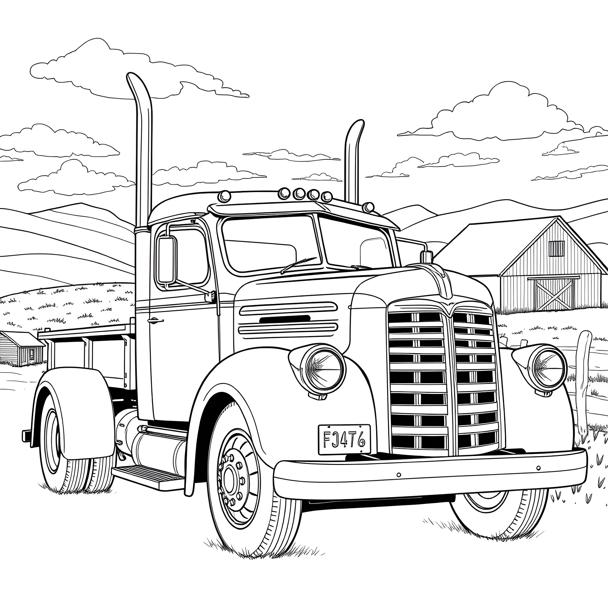Truck Hauling Cargo on Country Road Coloring Page (free black-and-white line drawing printable PDF for all, from beginners to advanced learners, including children, teens, adults, and seniors)