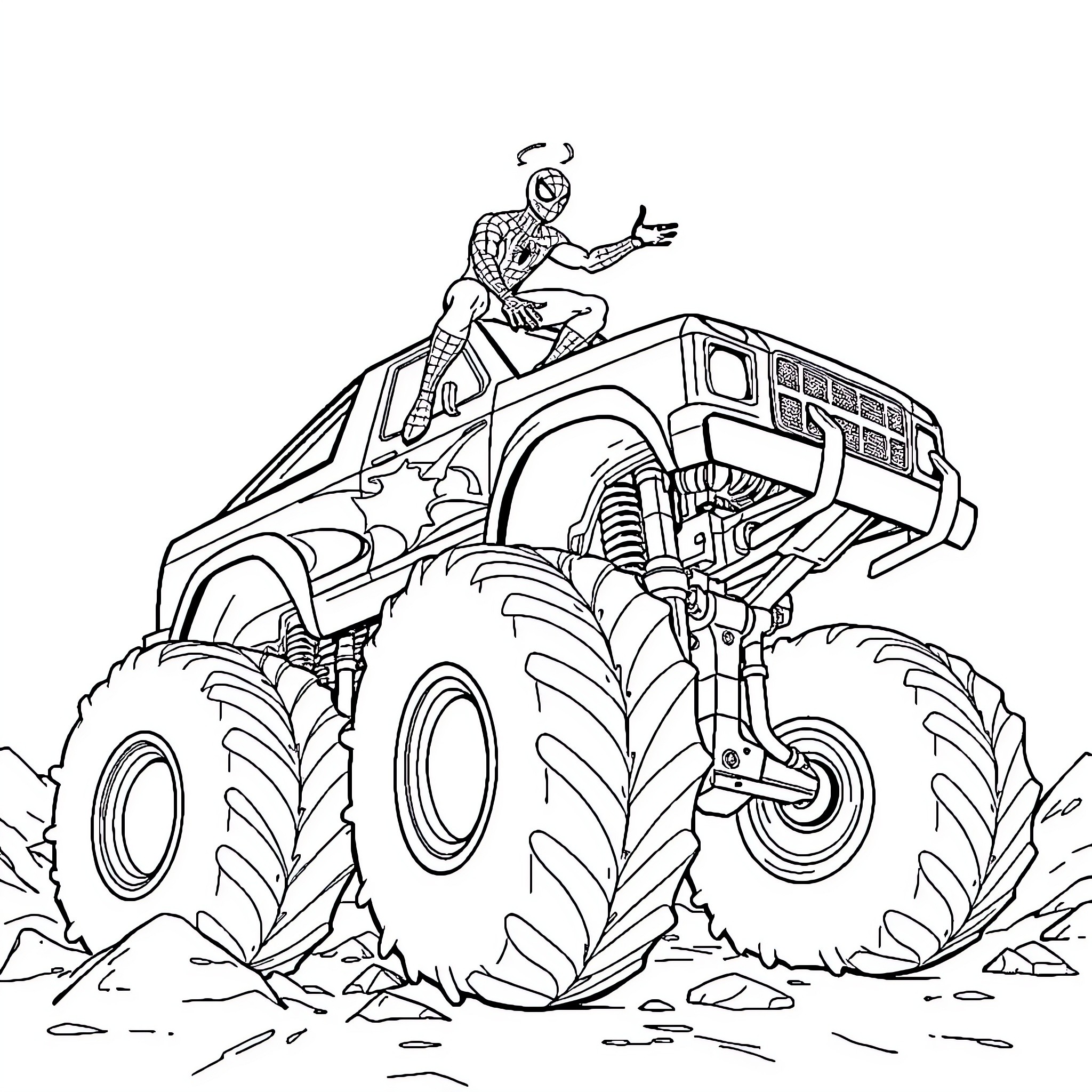 Spiderman swinging on a monster truck in the wilderness Coloring Page (free black-and-white line drawing printable PDF for all, from beginners to advanced learners, including children, teens, adults, and seniors)