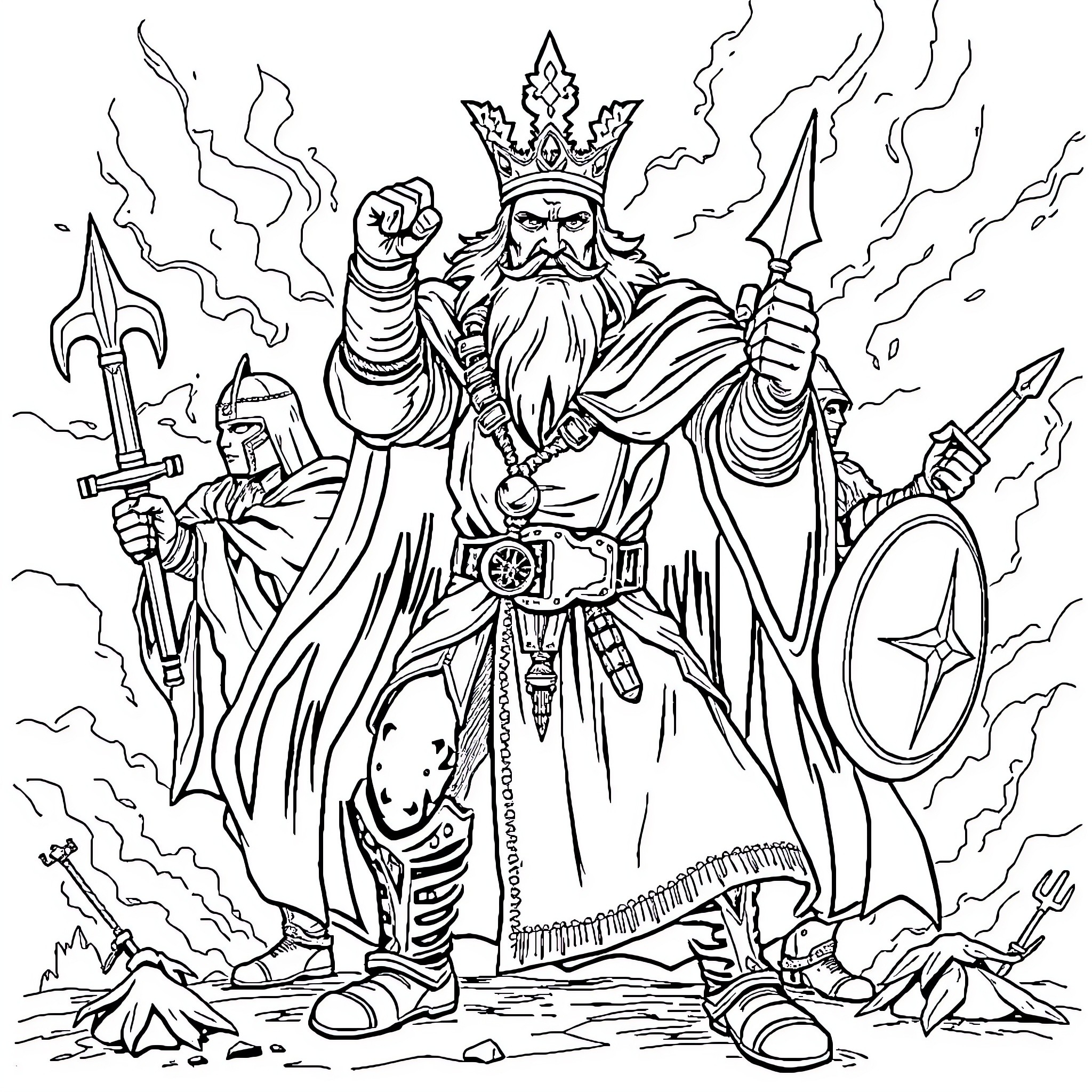 King of Conquest and Valor in Battle Coloring Page (free black-and-white line drawing printable PDF for all, from beginners to advanced learners, including children, teens, adults, and seniors)