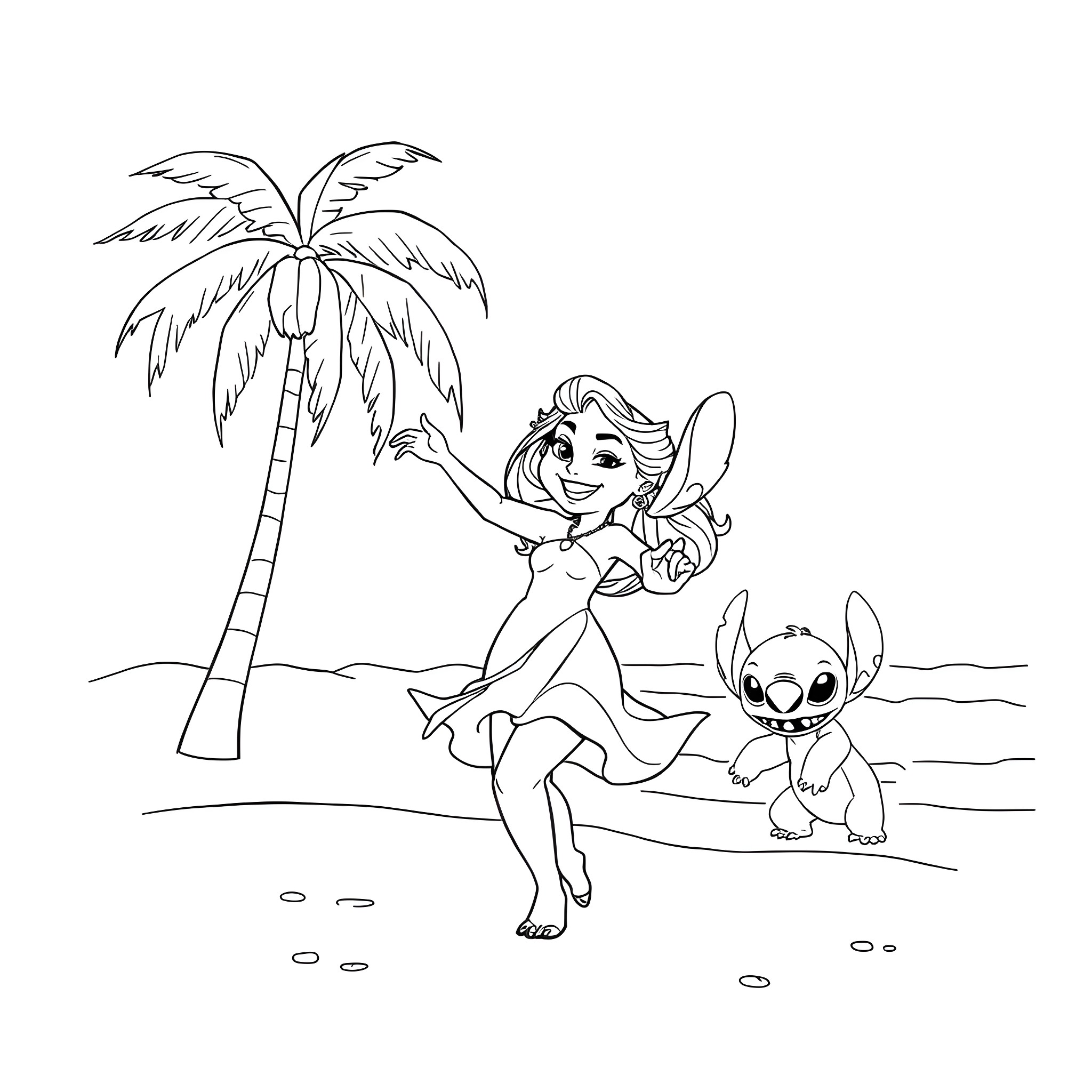 Lilo playing happily with Stitch on the beach Coloring Page (free black-and-white line drawing printable PDF for all, from beginners to advanced learners, including children, teens, adults, and seniors)