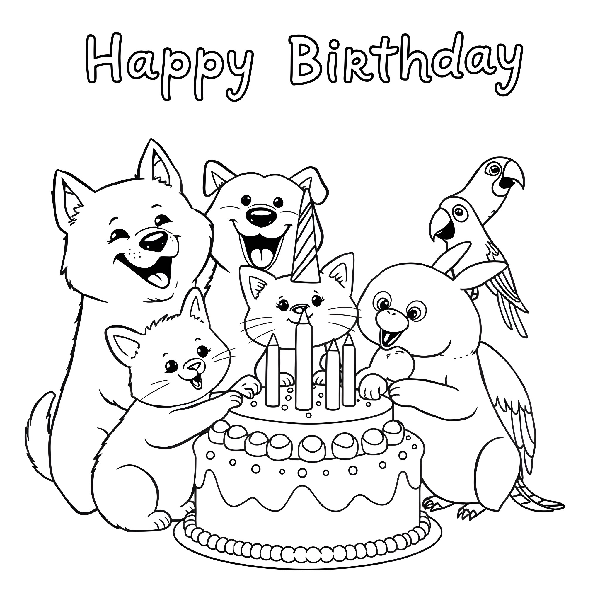 Dog and friends celebrate birthday happily Coloring Page (free black-and-white line drawing printable PDF for all, from beginners to advanced learners, including children, teens, adults, and seniors)