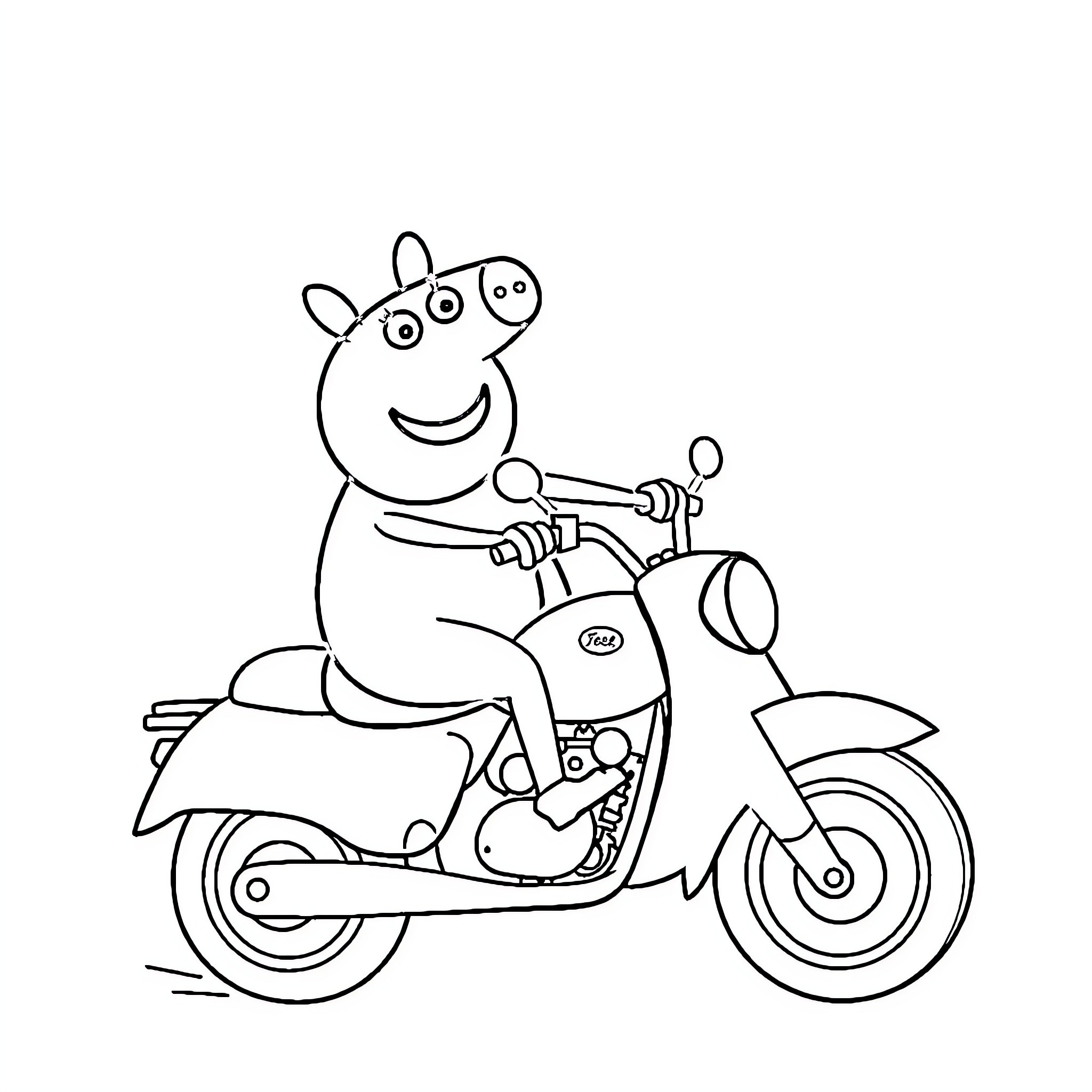 Peppa Pig riding a motorcycle with a happy expression Coloring Page (free black-and-white line drawing printable PDF for all, from beginners to advanced learners, including children, teens, adults, and seniors)