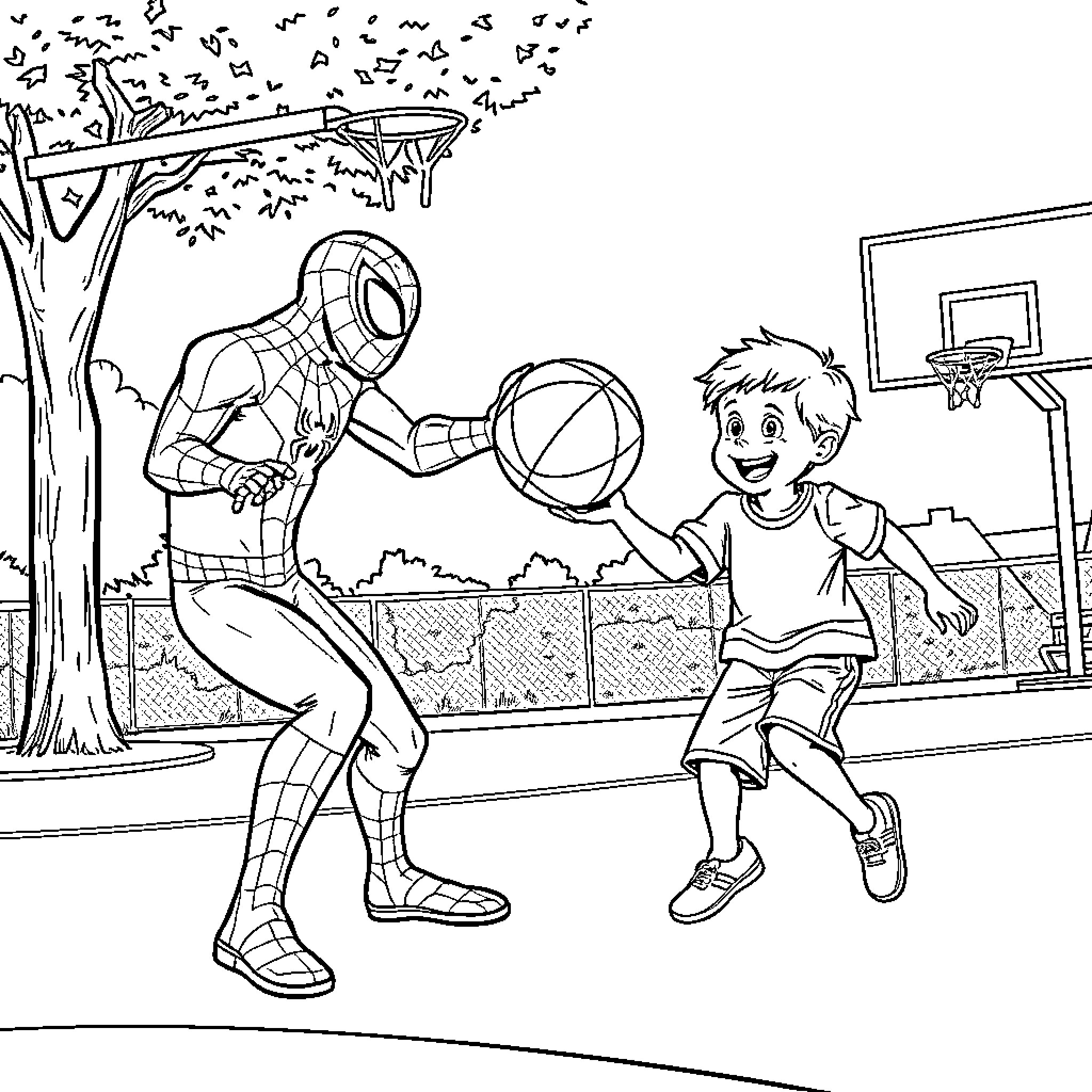 Spiderman playing basketball with a young boy Coloring Page (free black-and-white line drawing printable PDF for all, from beginners to advanced learners, including children, teens, adults, and seniors)