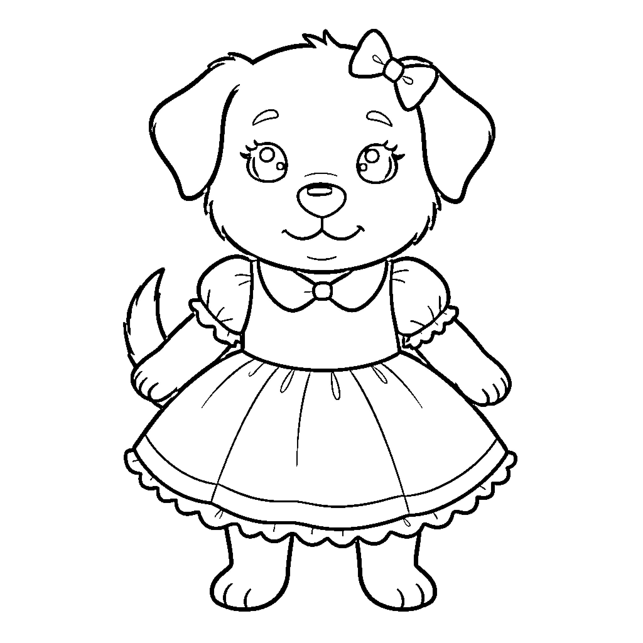 Dog wearing a cute dress and hair bow Coloring Page (free black-and-white line drawing printable PDF for all, from beginners to advanced learners, including children, teens, adults, and seniors)