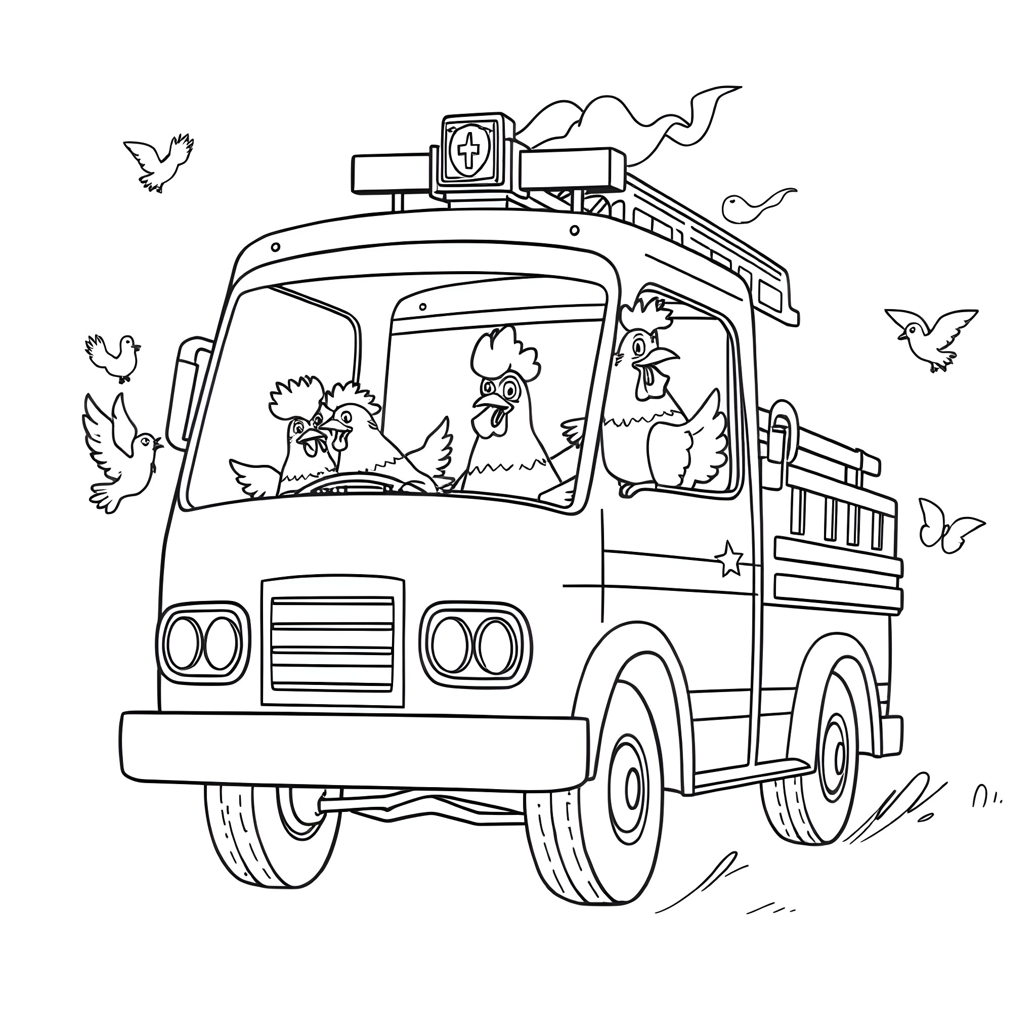 Chicken truck driving with birds Coloring Page (free black-and-white line drawing printable PDF for all, from beginners to advanced learners, including children, teens, adults, and seniors)