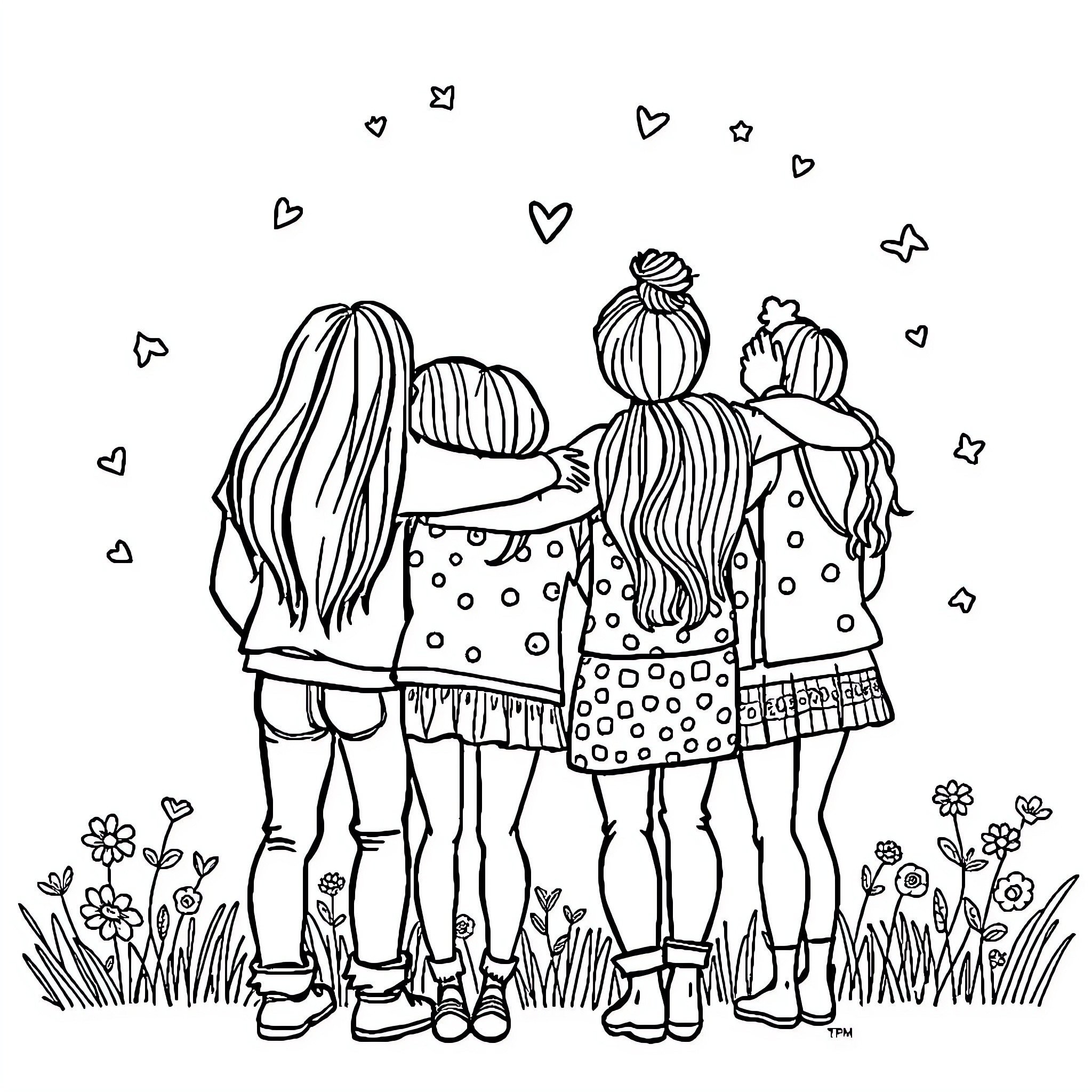 Friend supporting each other in a field Coloring Page (free black-and-white line drawing printable PDF for all, from beginners to advanced learners, including children, teens, adults, and seniors)