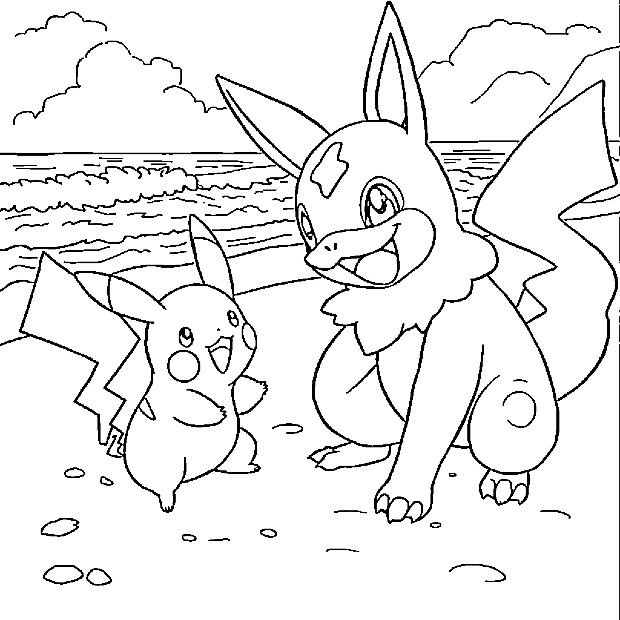 Raikou and Pikachu playing by the shore Coloring Page (free black-and-white line drawing printable PDF for all, from beginners to advanced learners, including children, teens, adults, and seniors)