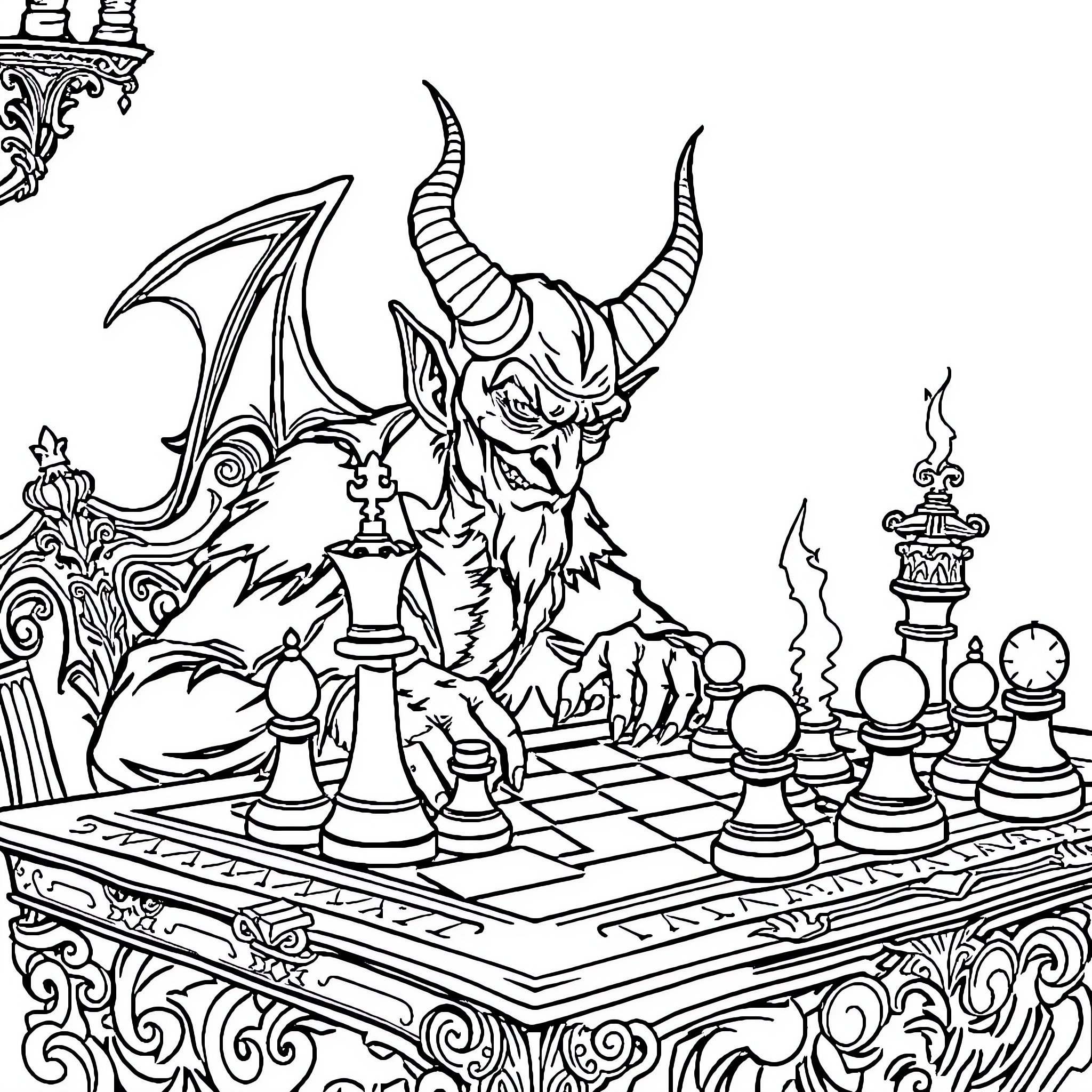 Devil plotting strategy on a grand chessboard Coloring Page (free black-and-white line drawing printable PDF for all, from beginners to advanced learners, including children, teens, adults, and seniors)