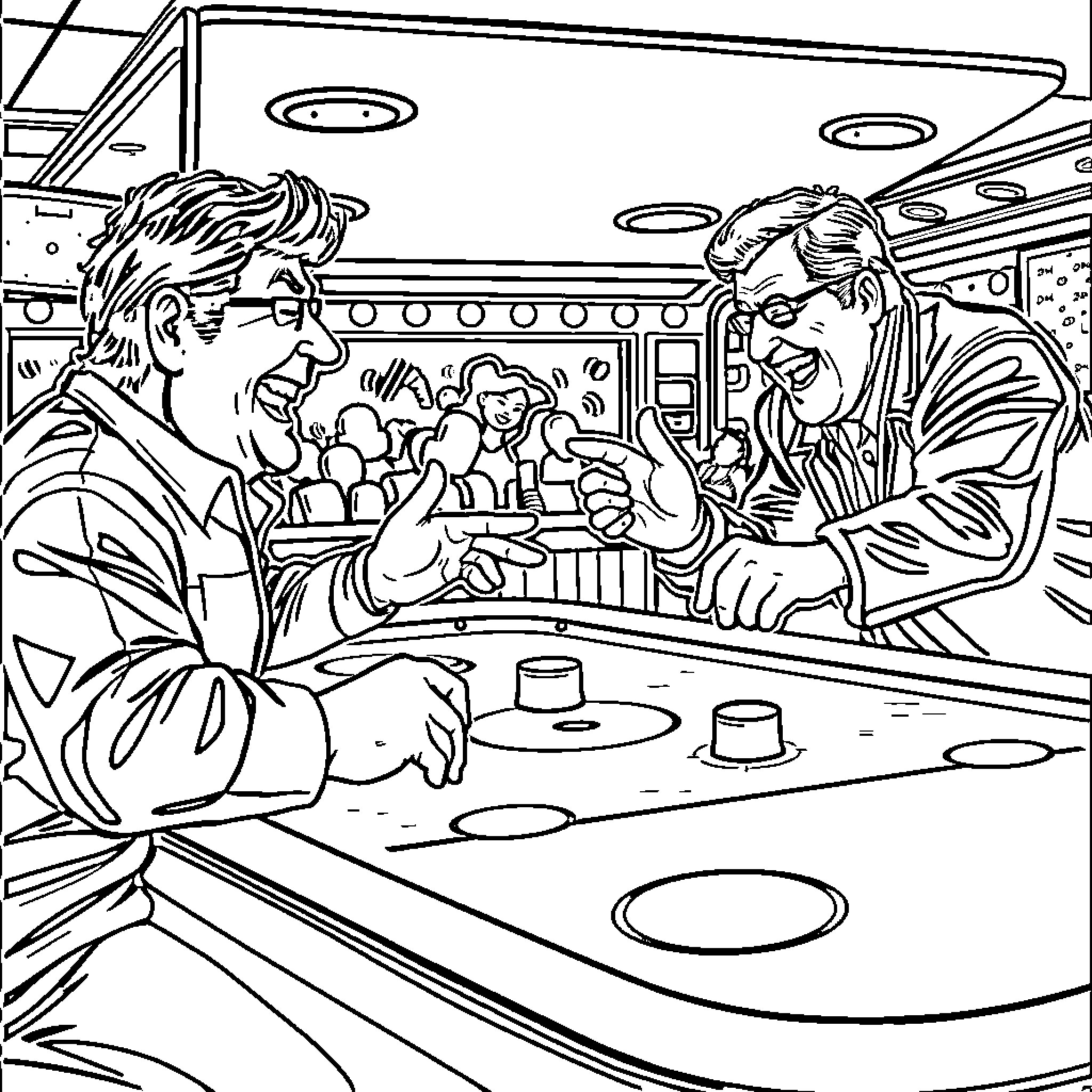 John Candy sharing a laugh with friends at a diner Coloring Page (free black-and-white line drawing printable PDF for all, from beginners to advanced learners, including children, teens, adults, and seniors)