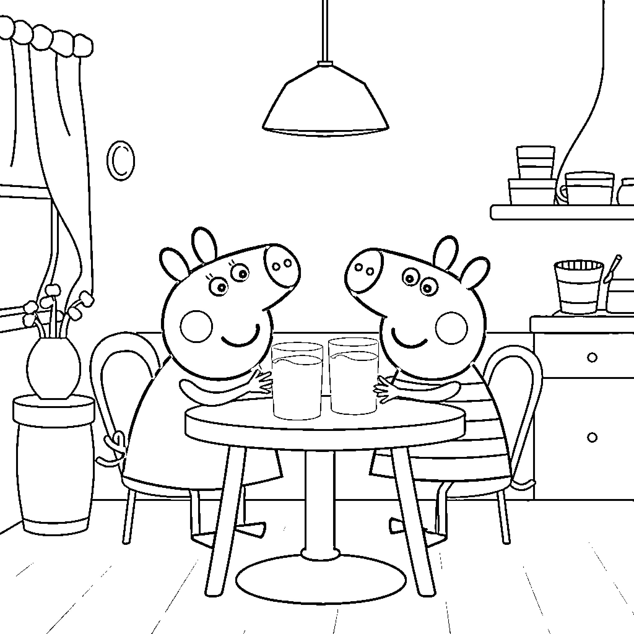 Peppa Pig and friends having a snack in the kitchen Coloring Page (free black-and-white line drawing printable PDF for all, from beginners to advanced learners, including children, teens, adults, and seniors)