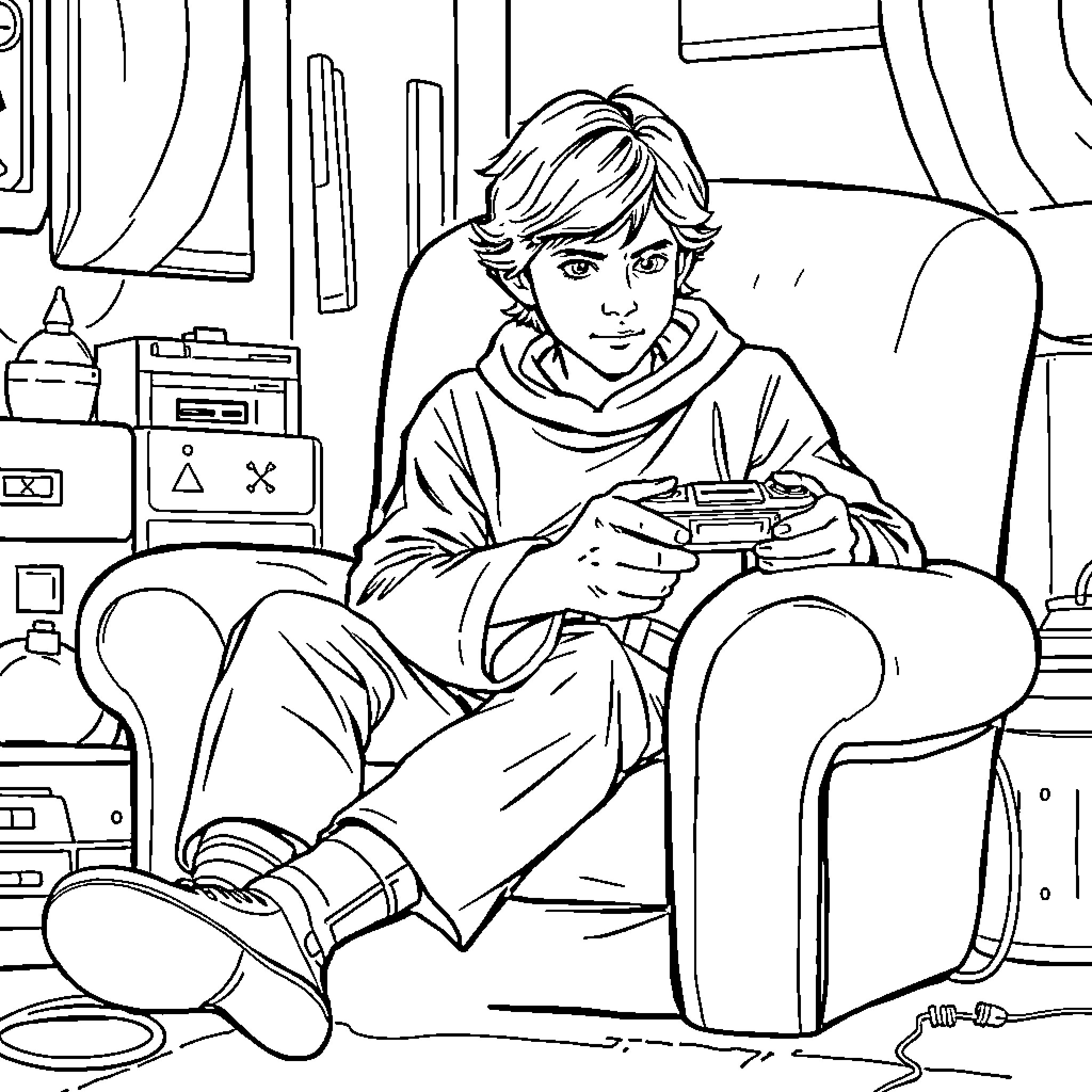 Luke Skywalker relaxing in his room with gaming console Coloring Page (free black-and-white line drawing printable PDF for all, from beginners to advanced learners, including children, teens, adults, and seniors)