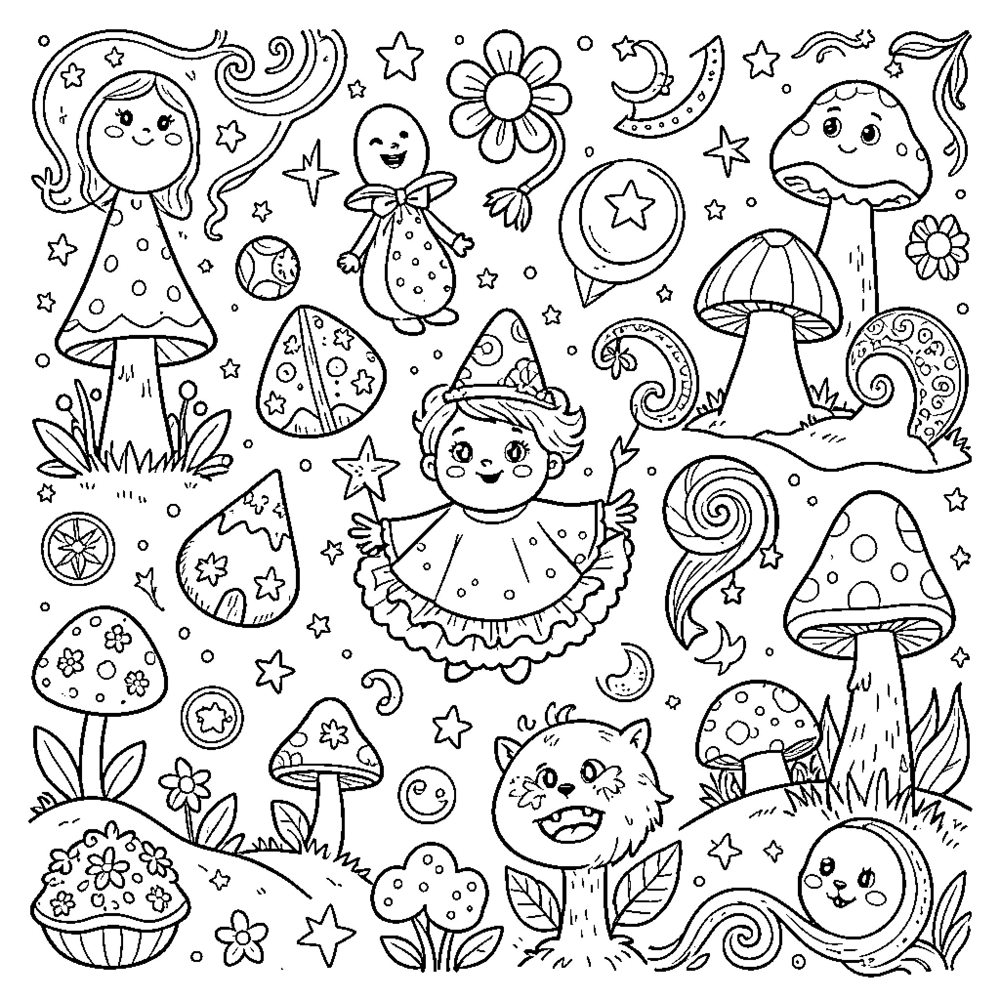 Magic characters and mushrooms in a whimsical forest Coloring Page (free black-and-white line drawing printable PDF for all, from beginners to advanced learners, including children, teens, adults, and seniors)