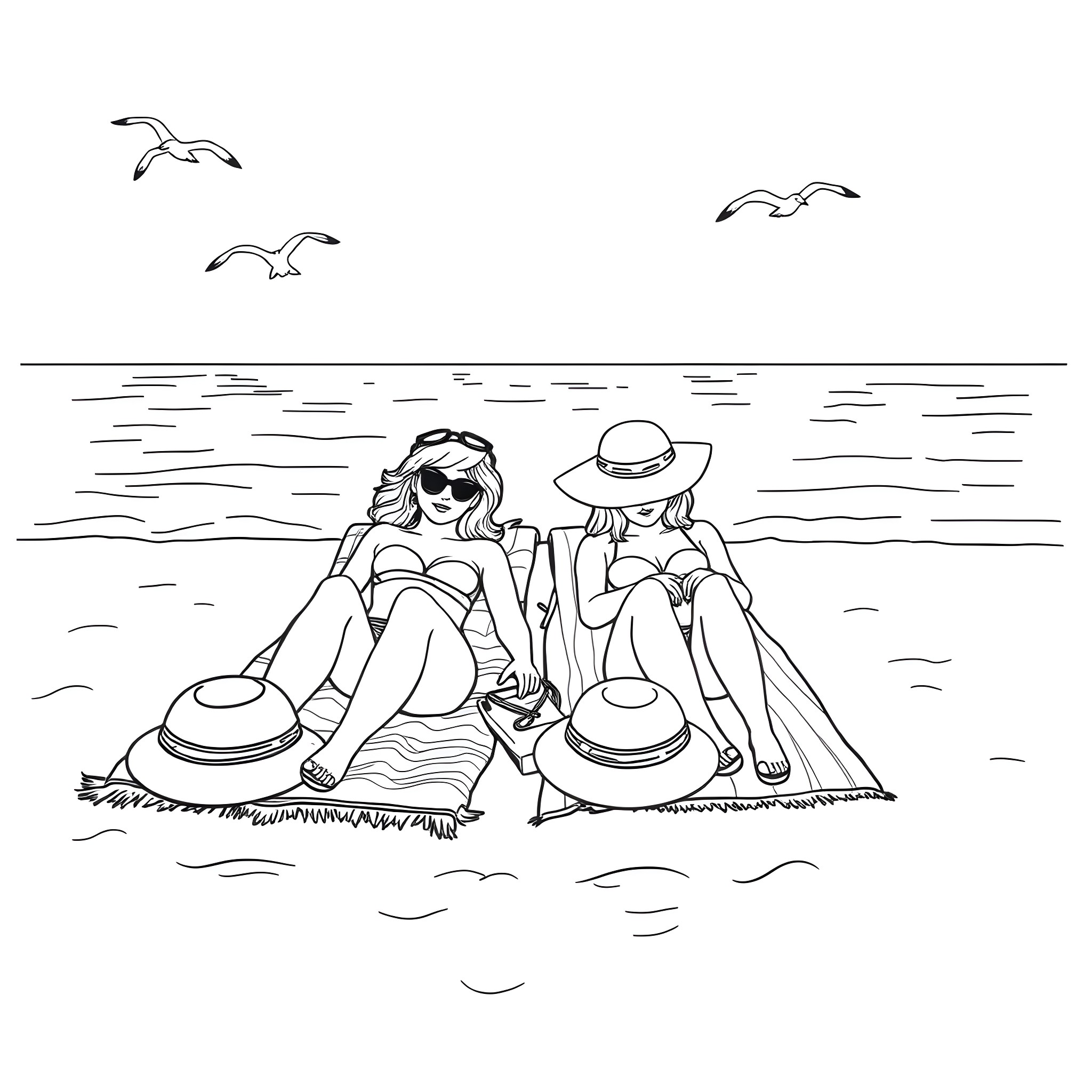 Girls relaxing on the beach Coloring Page (free black-and-white line drawing printable PDF for all, from beginners to advanced learners, including children, teens, adults, and seniors)
