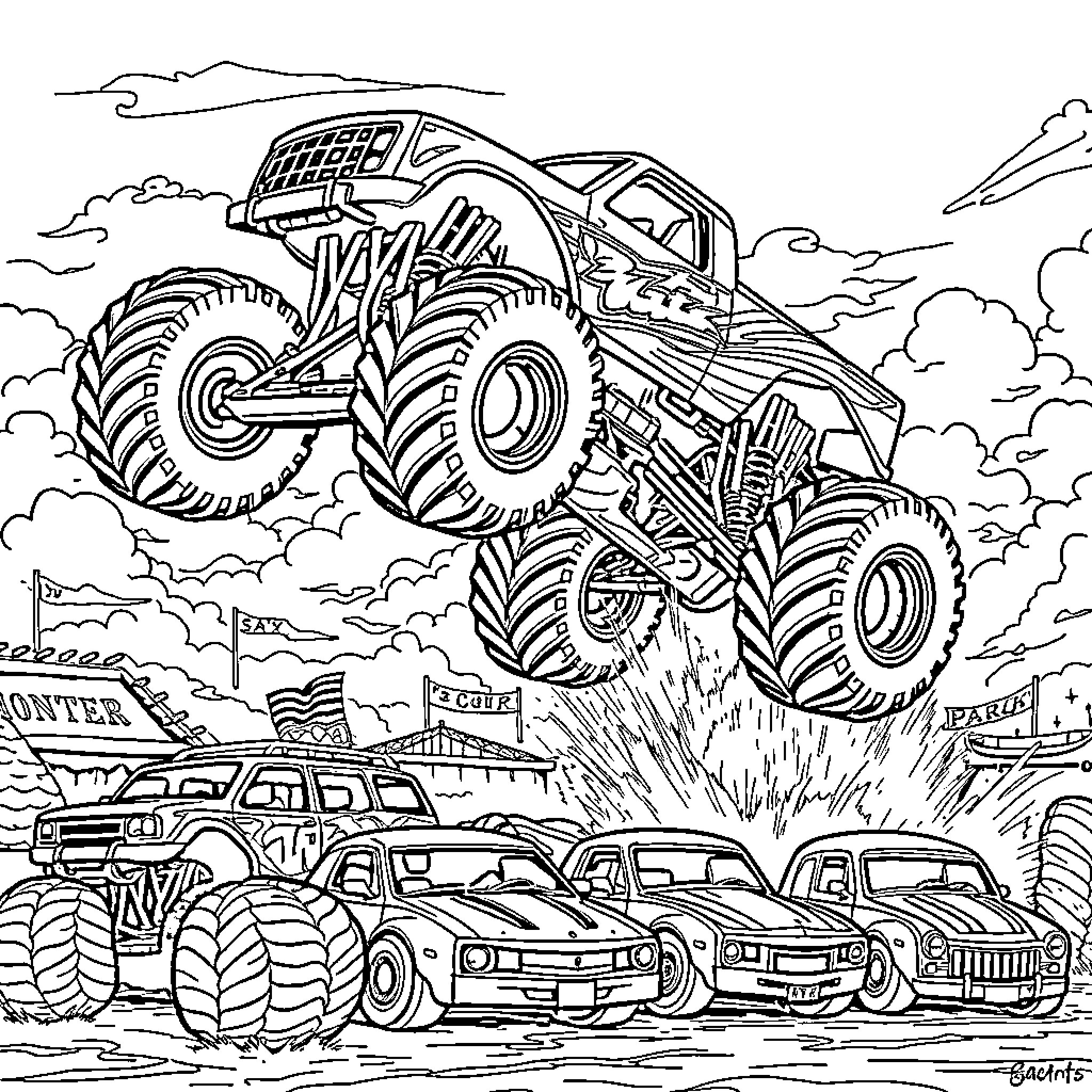 Monster Truck Stunts and Excitement at Monster Truck Rally Coloring Page (free black-and-white line drawing printable PDF for all, from beginners to advanced learners, including children, teens, adults, and seniors)