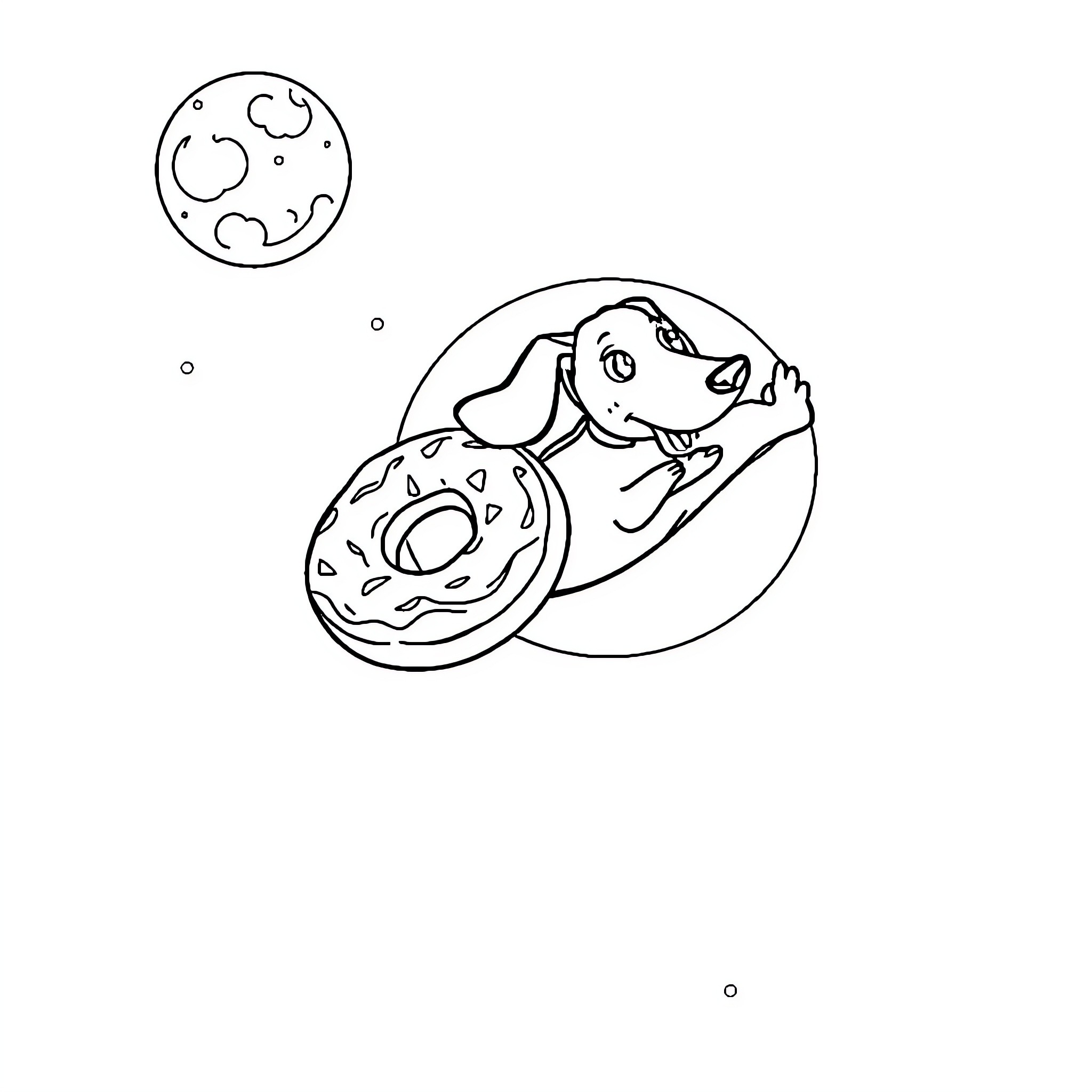 Dachshund enjoying a donut-shaped treat Coloring Page (free black-and-white line drawing printable PDF for all, from beginners to advanced learners, including children, teens, adults, and seniors)