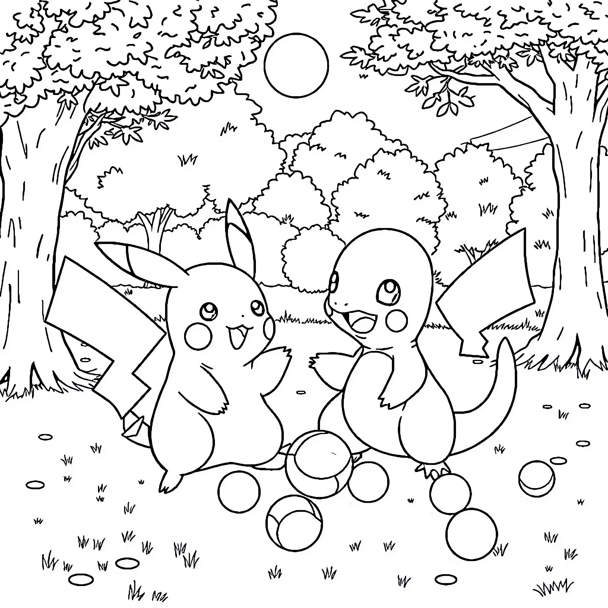 Pikachu and Charmander enjoying a sunny day in the forest Coloring Page (free black-and-white line drawing printable PDF for all, from beginners to advanced learners, including children, teens, adults, and seniors)