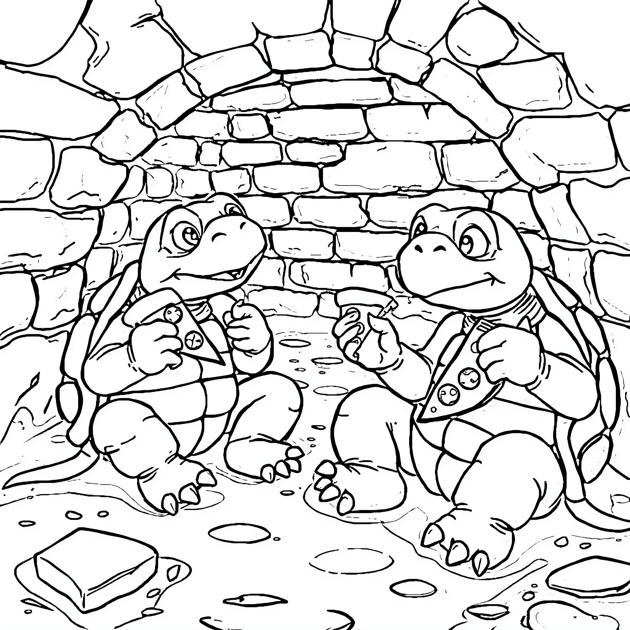 Turtle friends exploring the rocky hideaway Coloring Page (free black-and-white line drawing printable PDF for all, from beginners to advanced learners, including children, teens, adults, and seniors)