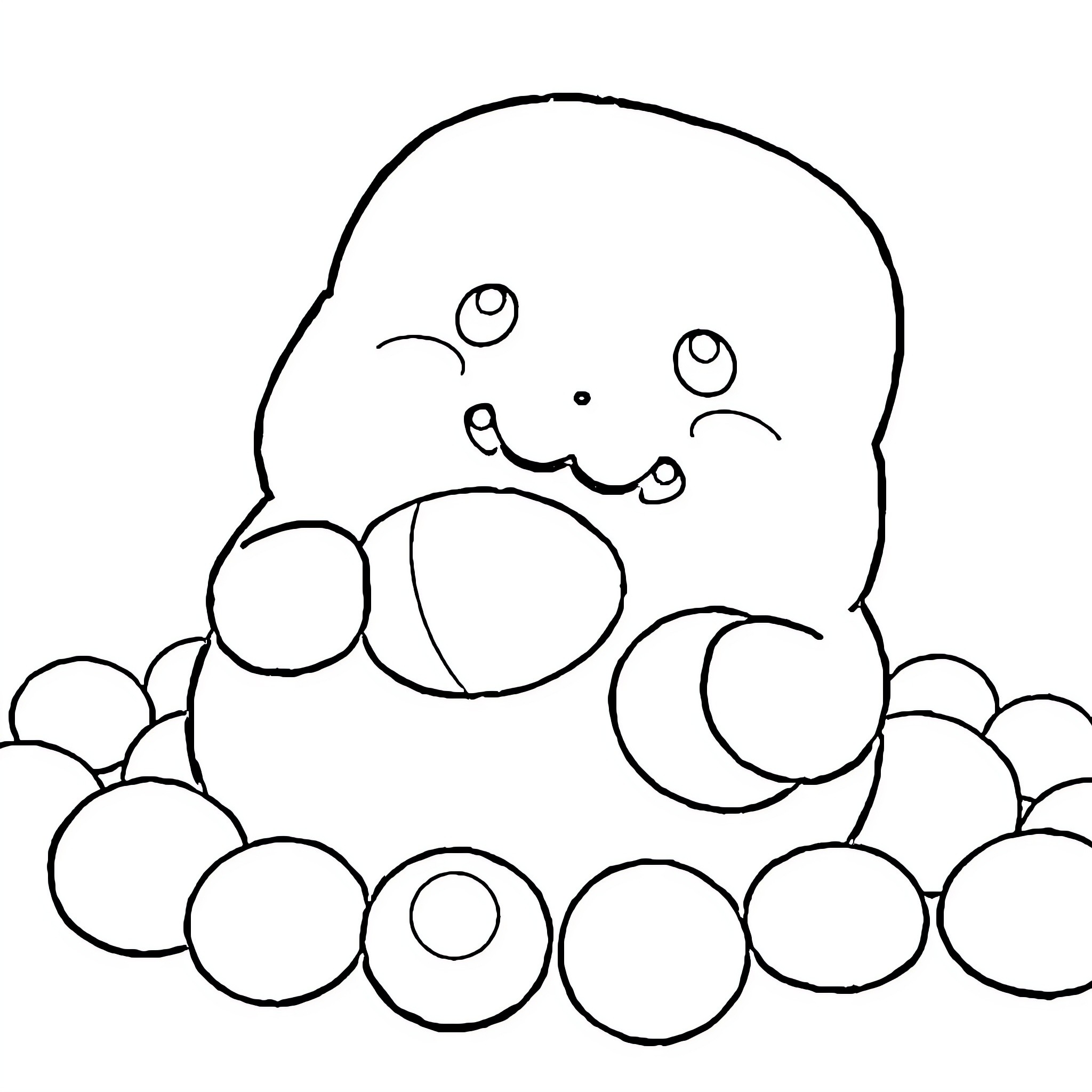Squishmallow character sitting in a pile of cushions Coloring Page (free black-and-white line drawing printable PDF for all, from beginners to advanced learners, including children, teens, adults, and seniors)