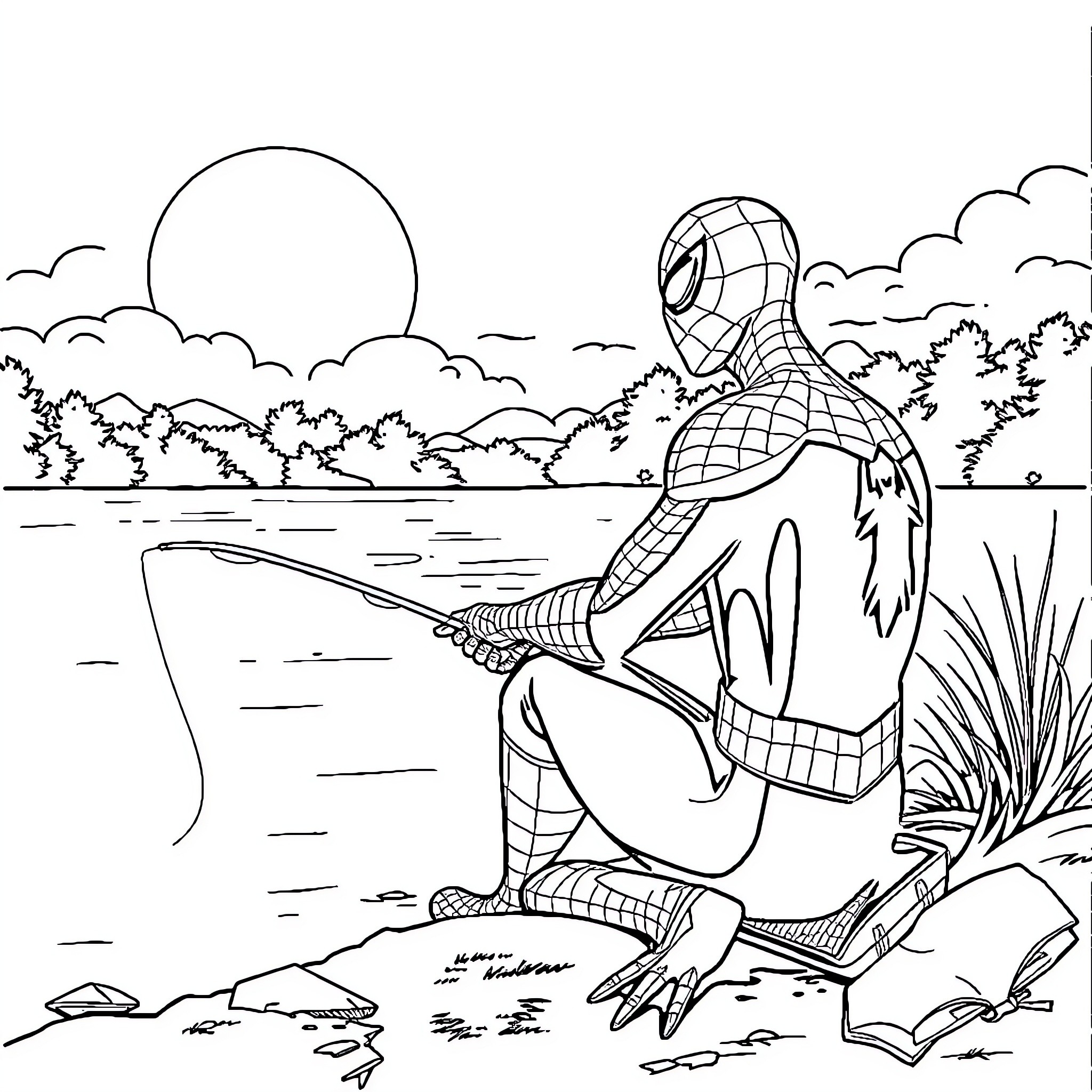 Spiderman fishing in the peaceful lakefront landscape Coloring Page (free black-and-white line drawing printable PDF for all, from beginners to advanced learners, including children, teens, adults, and seniors)