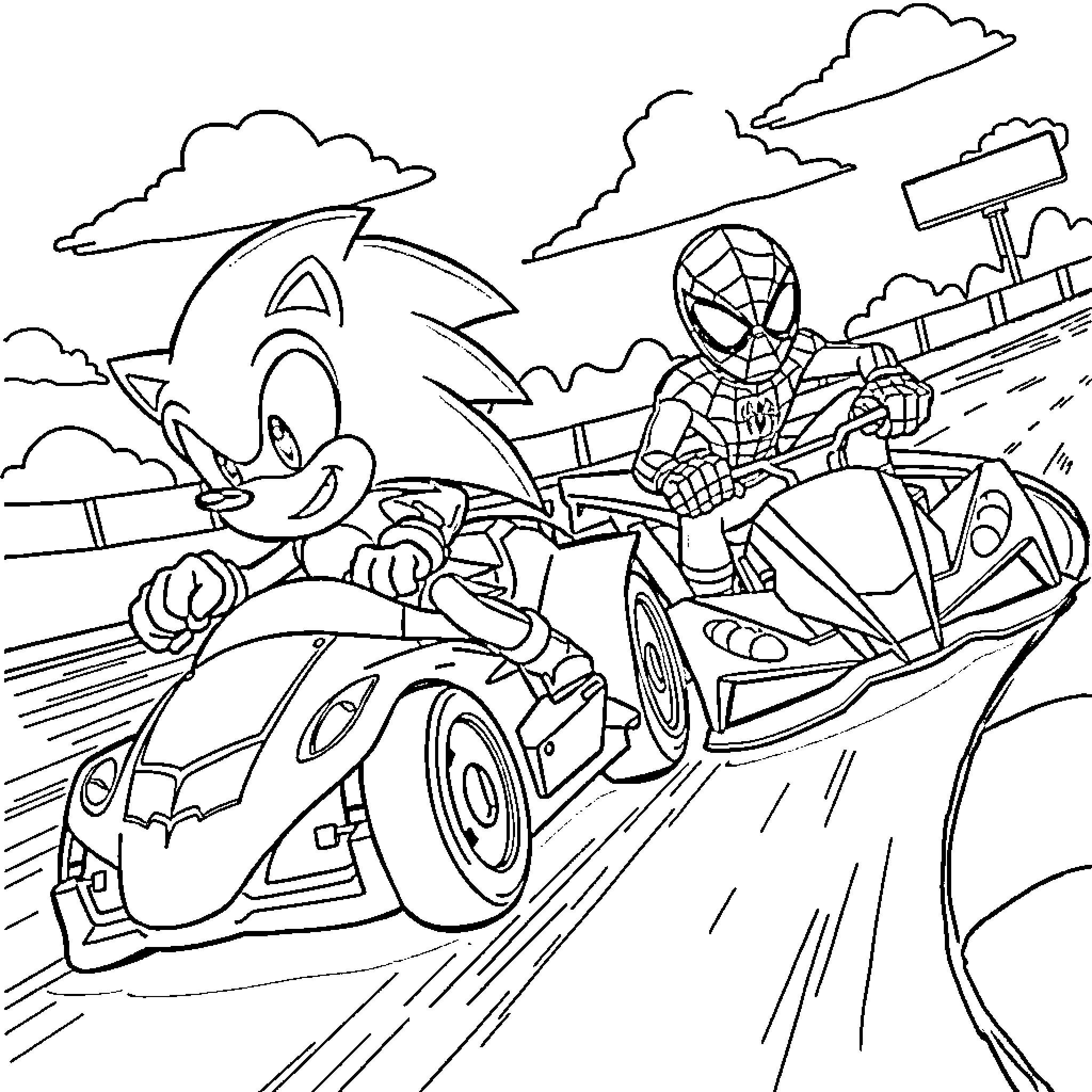 Sonic racing with Spider-Man in fast cars Coloring Page (free black-and-white line drawing printable PDF for all, from beginners to advanced learners, including children, teens, adults, and seniors)