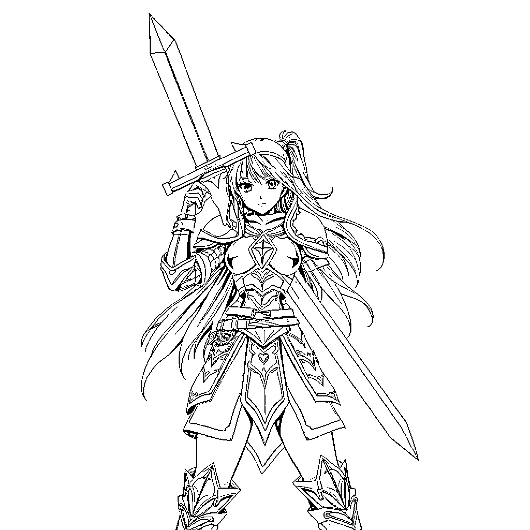Anime Girl Warrior Wielding a Sword in Heroic Pose Coloring Page (free black-and-white line drawing printable PDF for all, from beginners to advanced learners, including children, teens, adults, and seniors)