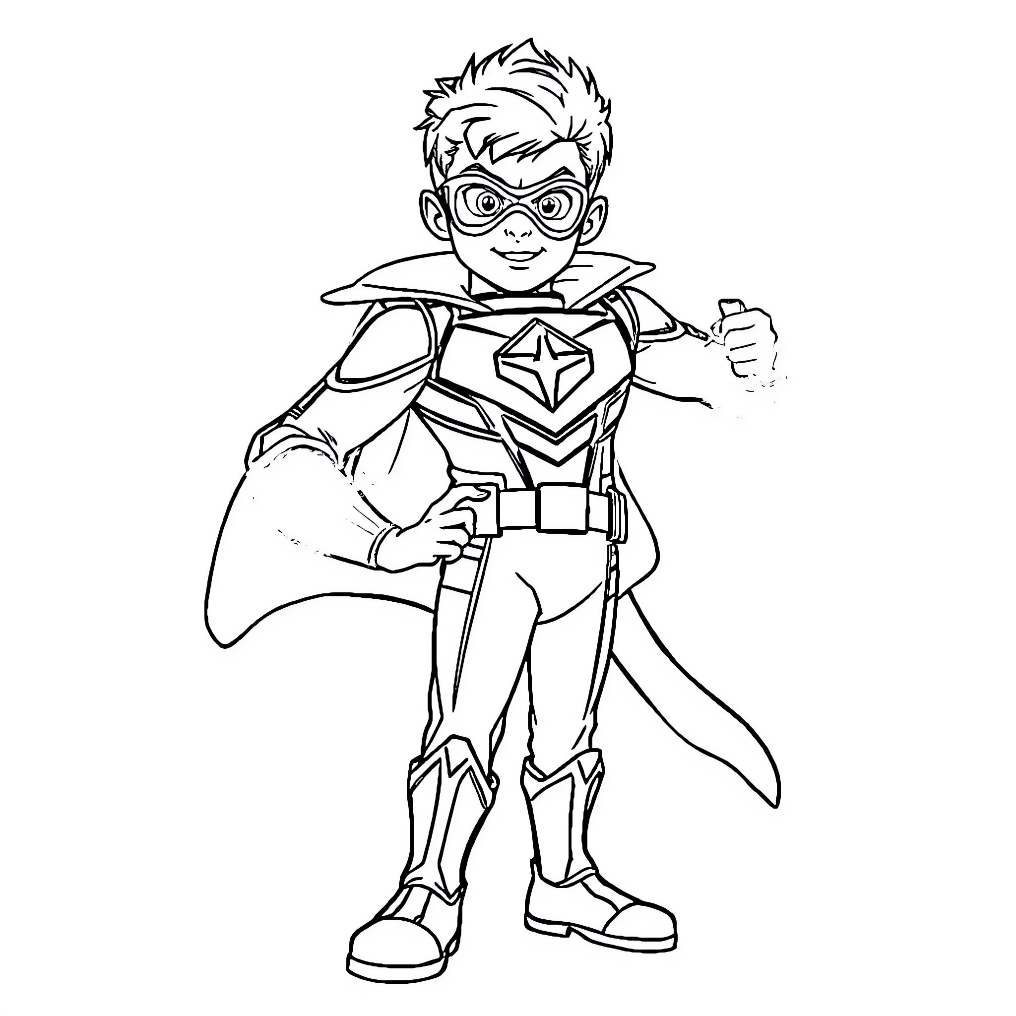 Boy hero in superhero costume posing heroically Coloring Page (free black-and-white line drawing printable PDF for all, from beginners to advanced learners, including children, teens, adults, and seniors)