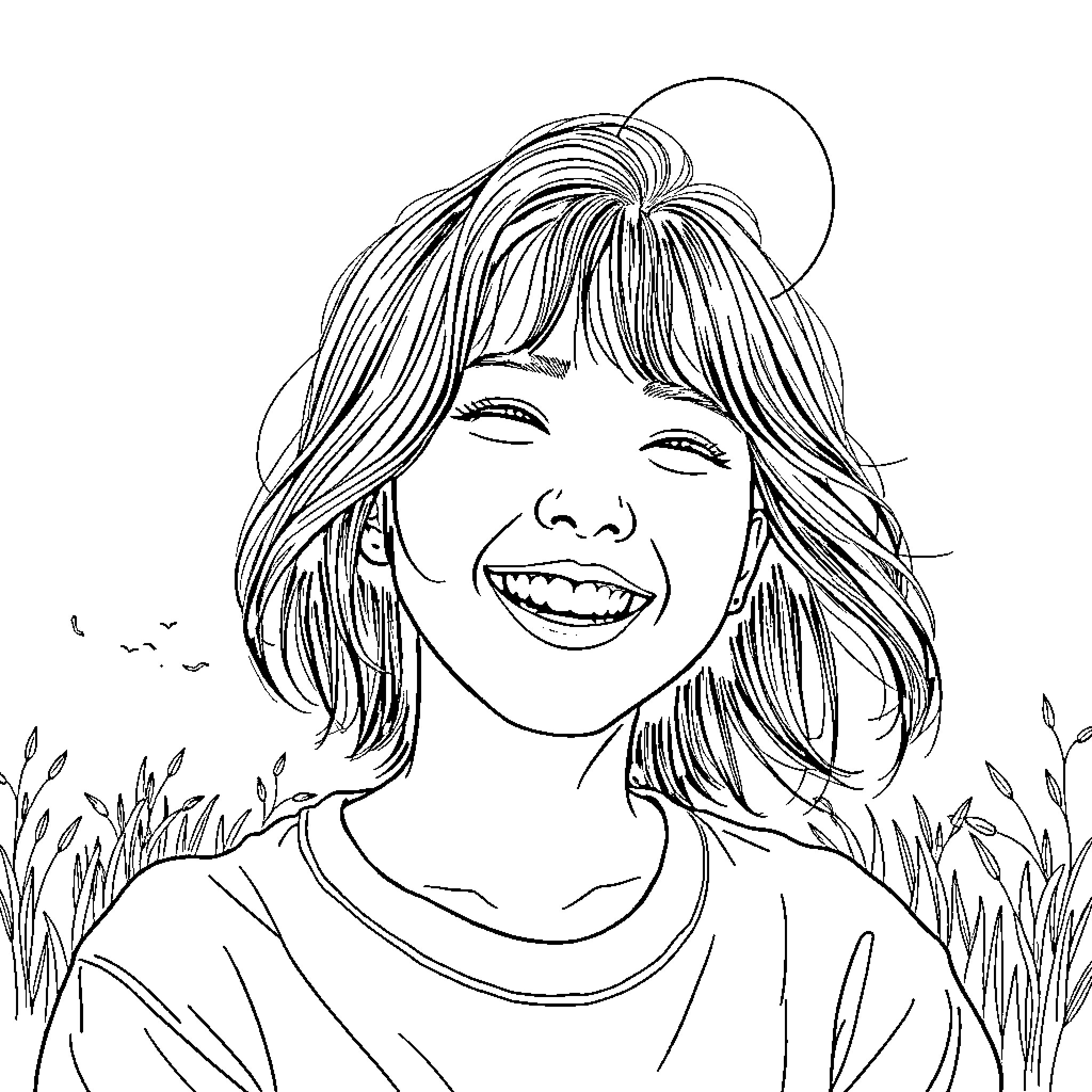 Park Jimin's joyful expression in nature Coloring Page (free black-and-white line drawing printable PDF for all, from beginners to advanced learners, including children, teens, adults, and seniors)