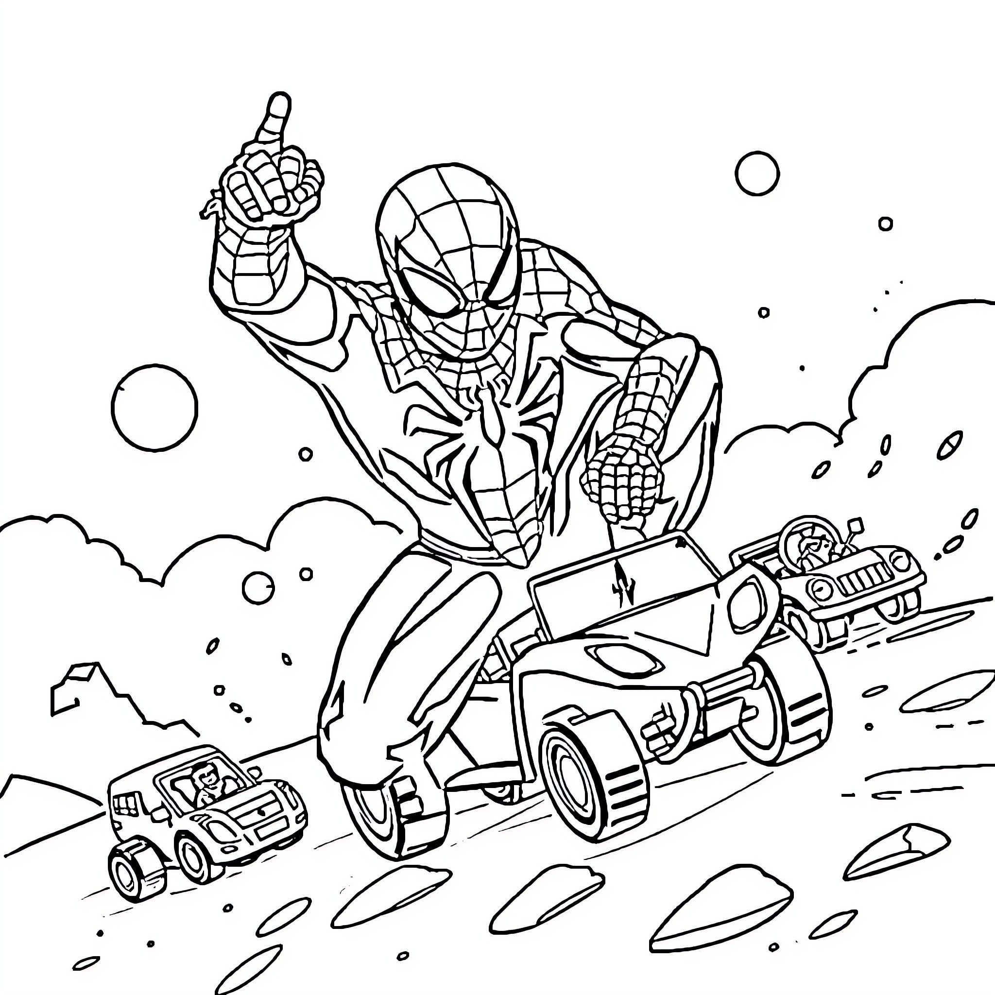 Spiderman swinging into action with web-shooting vehicle Coloring Page (free black-and-white line drawing printable PDF for all, from beginners to advanced learners, including children, teens, adults, and seniors)