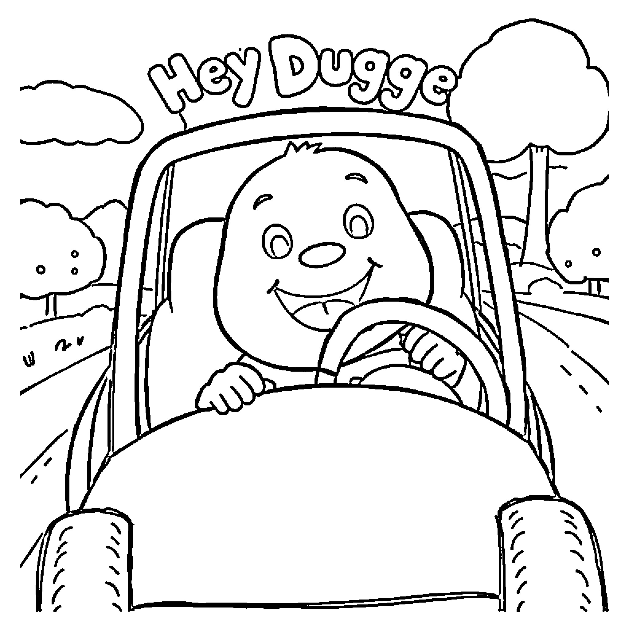 Duggee driving a car with a big smile Coloring Page (free black-and-white line drawing printable PDF for all, from beginners to advanced learners, including children, teens, adults, and seniors)