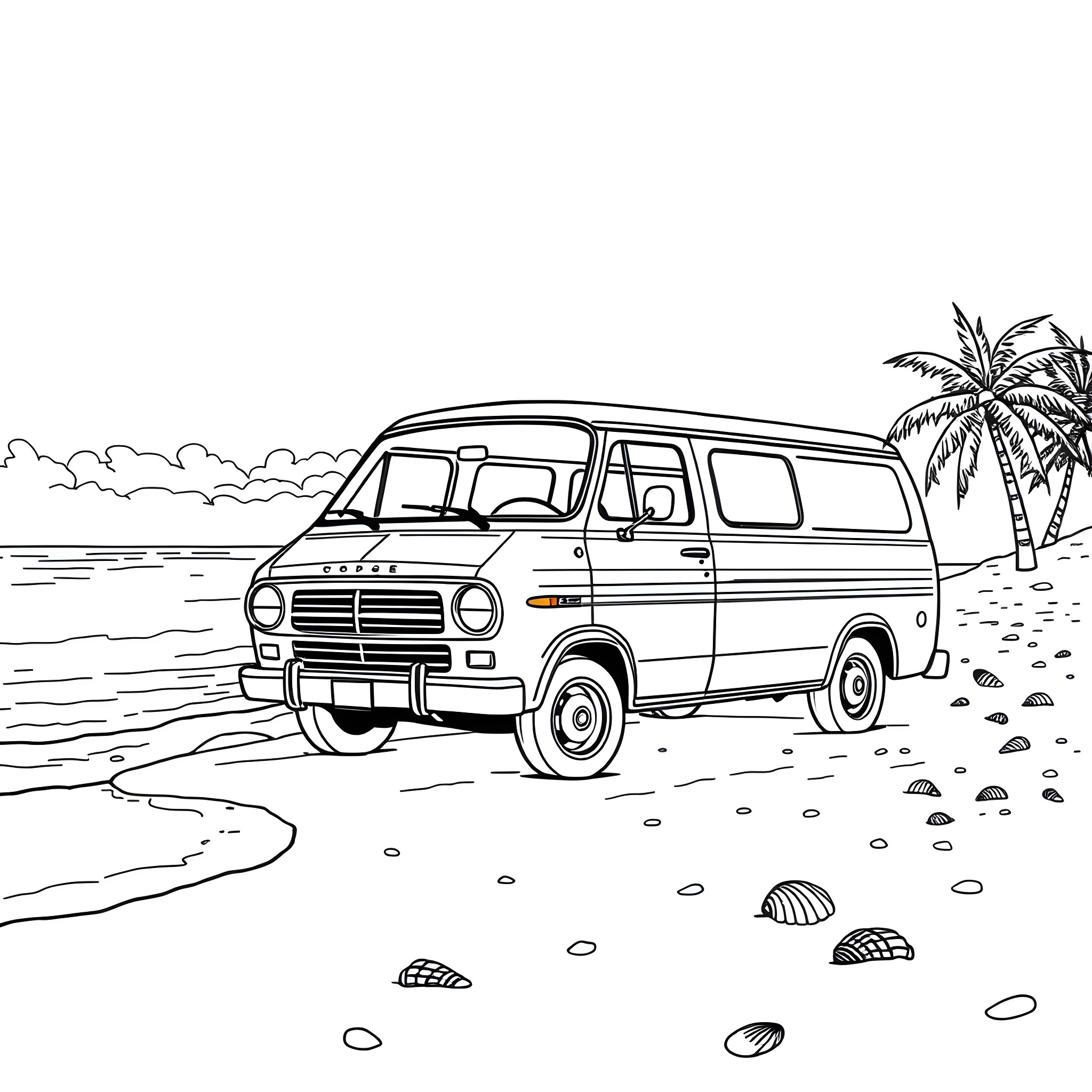 Dodge Van on the Beach Coloring Page (free black-and-white line drawing printable PDF for all, from beginners to advanced learners, including children, teens, adults, and seniors)