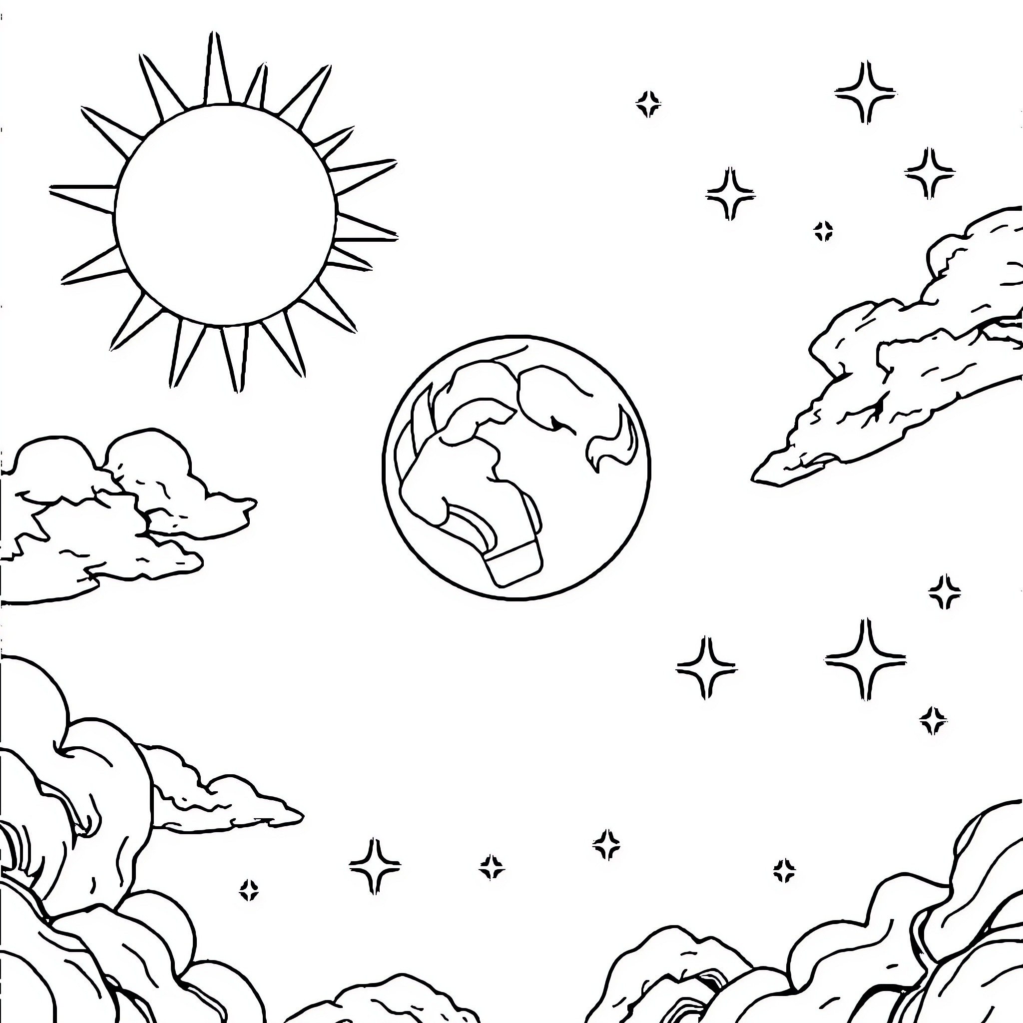 Sun Moon Star Cosmic Landscape Coloring Page (free black-and-white line drawing printable PDF for all, from beginners to advanced learners, including children, teens, adults, and seniors)